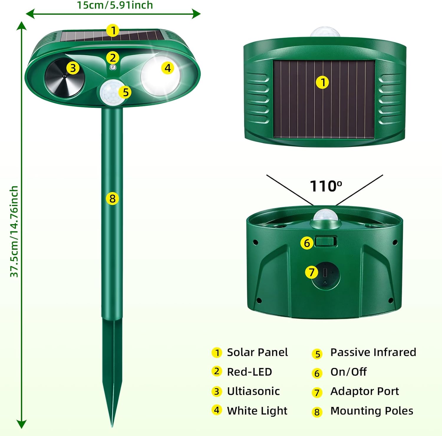 Upgraded Cat Deer Repellent Devices Solar Ultrasonic Animal Repeller Outdoor with Motion Sensor & Flashing Light, Animal Deterrent Devices for Squirrel Raccoon Dog Rabbit Skunk for Yard Garden, 2 Pack