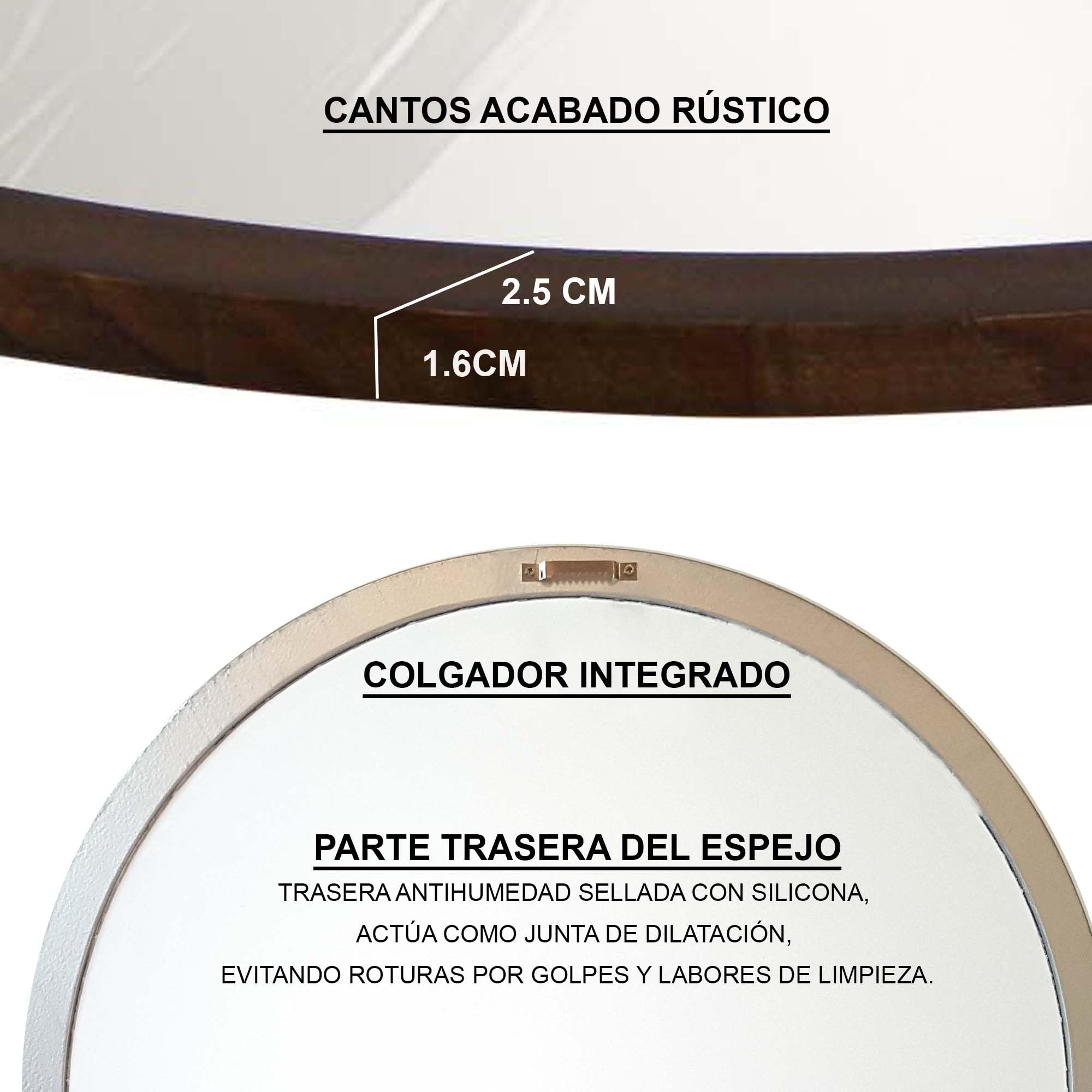 Espejo Redondo de Pared Color Nogal, Ancho 2,5 cm, 70 cm Exterior | Para Recibor, Salón y Baño
