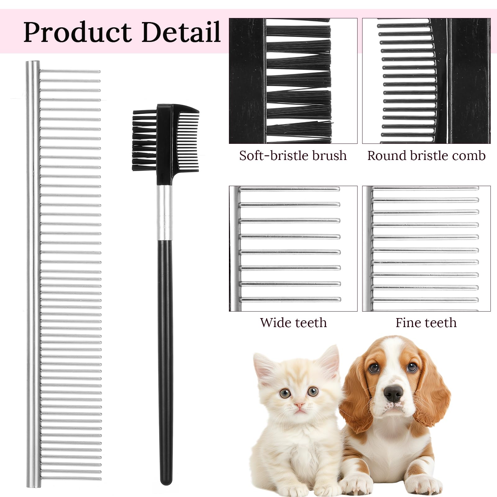 Lot de 7 peignes professionnels anti-puces et tiques pour chiens et chats – Kit de toilettage en acier inoxydable à dents fines et larges pour enlever les poux, les nœuds et les taches de déchirure