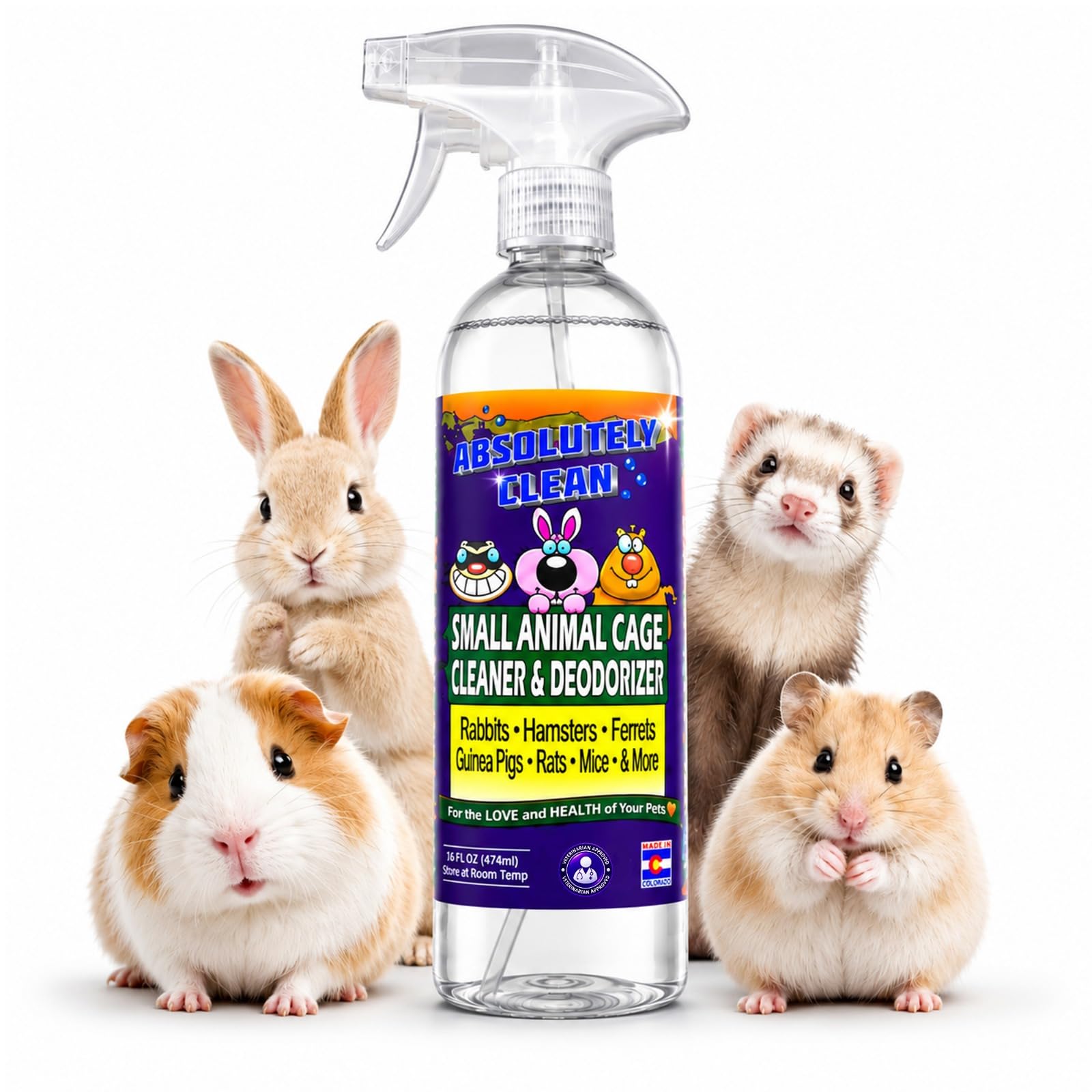 Absolutely Clean Amazing Small Animal Cage Cleaner, Just Spray/Wipe, Easily Removes Messes &amp; Odors - Hamster Cages, Mice, Rat Cage, Guinea Pig Cage, Rabbit Cage, Ferret Cage, Dog Cage - USA Made