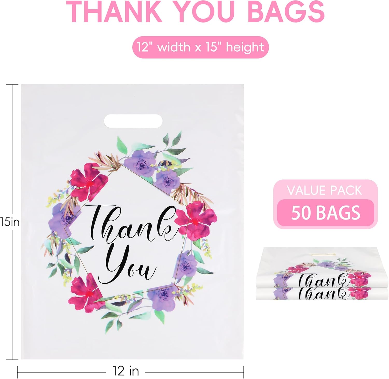 Floral Plastic Thank You Gift Bags Bulk - 12"x15" Merchandise Retail Shopping Bags with Die-Cut Handles, 50 Pack - Perfect for Small Businesses, Boutiques, Clothing Stores, Weddings, Party Favors - Image 2