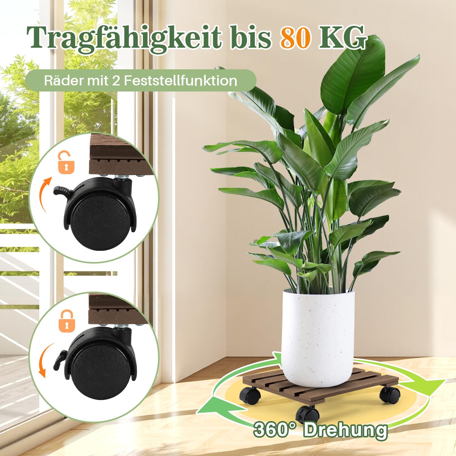 Soporte Móvil Para Macetas De 30x30 Cm, De WPC, Con 4 Ruedas Giratorias Y Freno, Carga Máxima 100 Kg, Antideslizante, Para Exteriores E Interiores, Gris Oscuro
