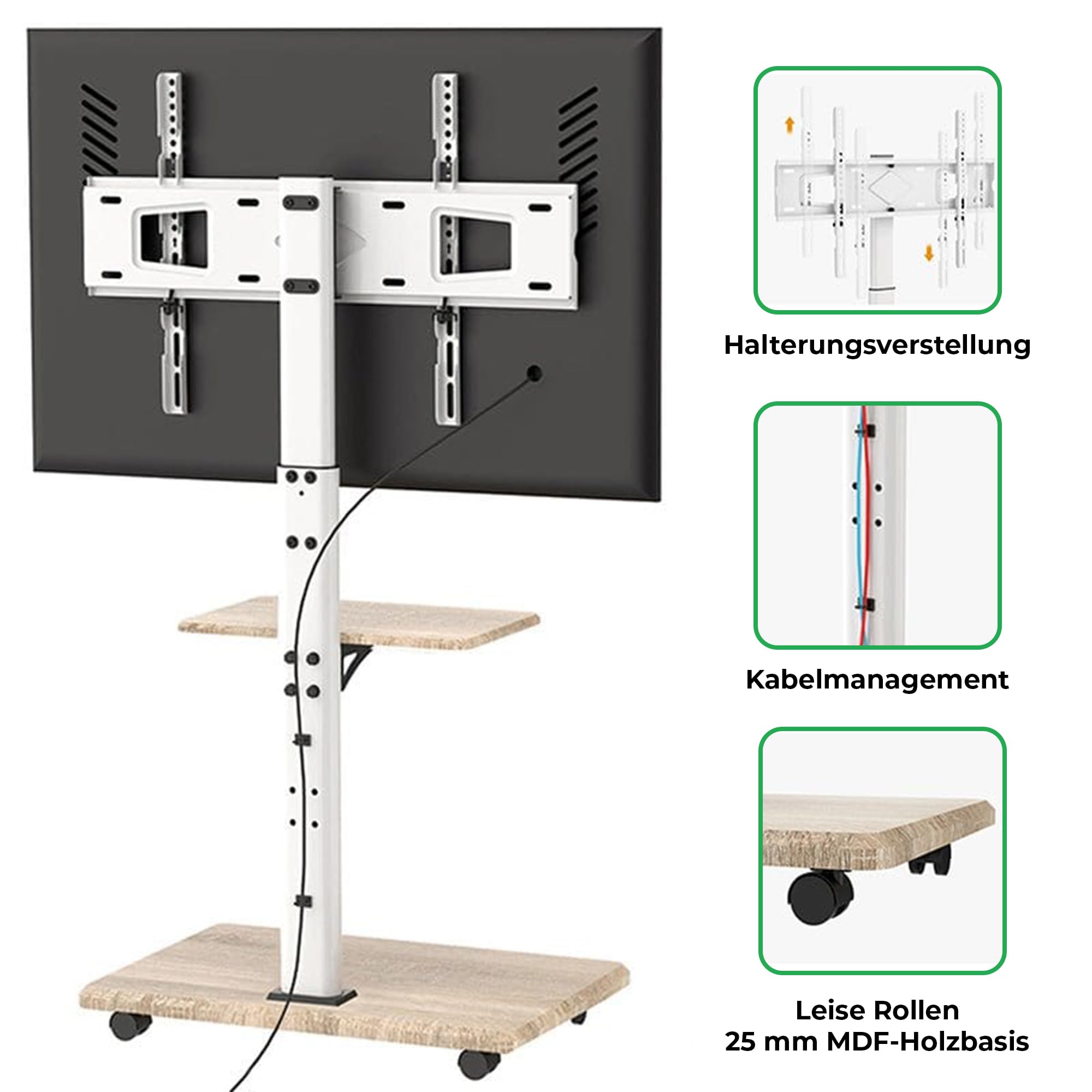Delphos Mobiler TV Ständer Rollbar mit Holzfuß, Fernsehständer für 32-70 Zoll Fernseher bis zu 45 kg, Hoehenverstellbar bis ca.130 cm Drehbar ±25° Max.VESA 600x400