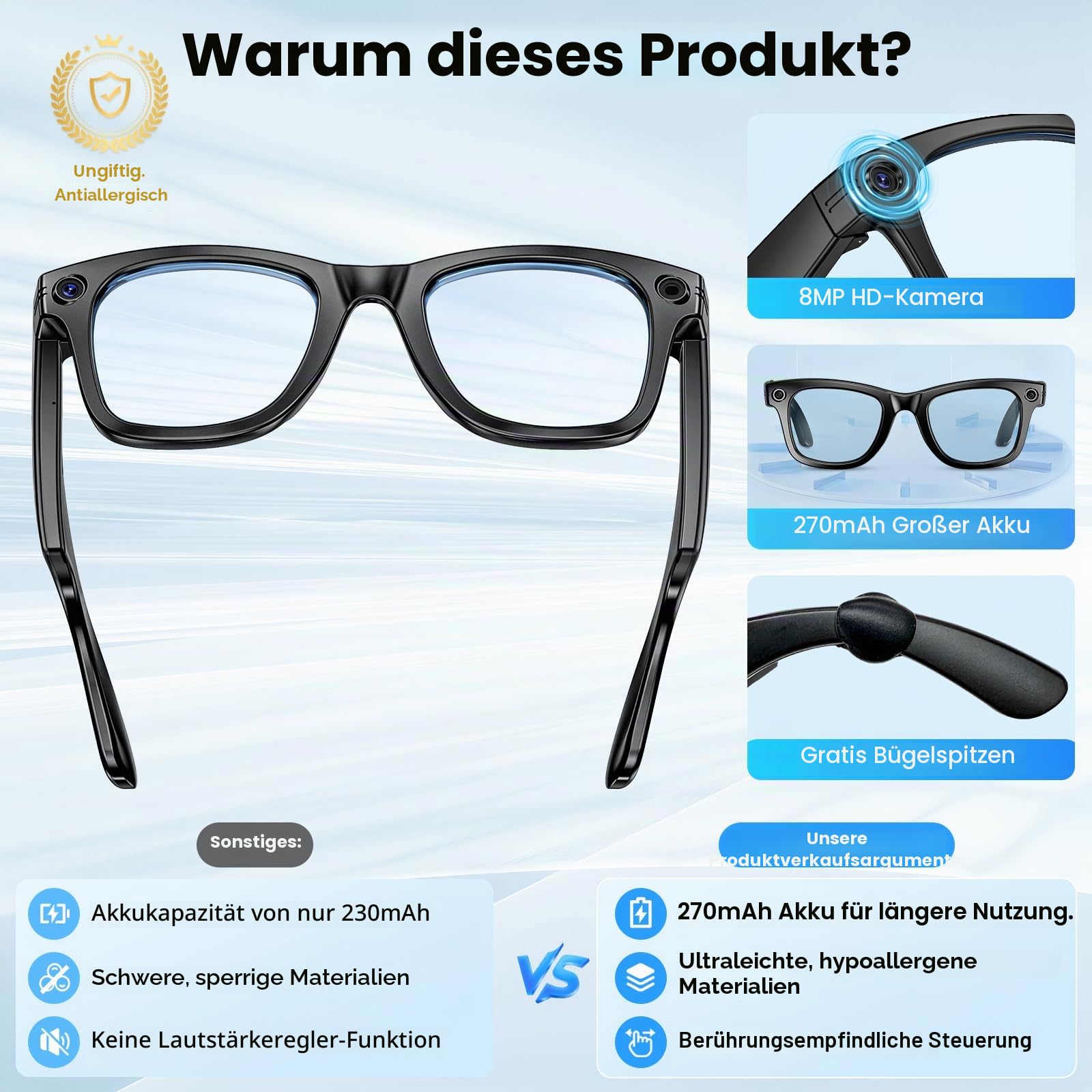 Mingtawn AI Smart Glasses 4K HD-Kamera, 270 mAh, 800 W Anti-Verwacklungs-Kamera-Brille mit Videoaufzeichnung, Dual-Mikrofon, Simultanübersetzung/GPT-Objektidentifizierung (Photochrome Gläser)