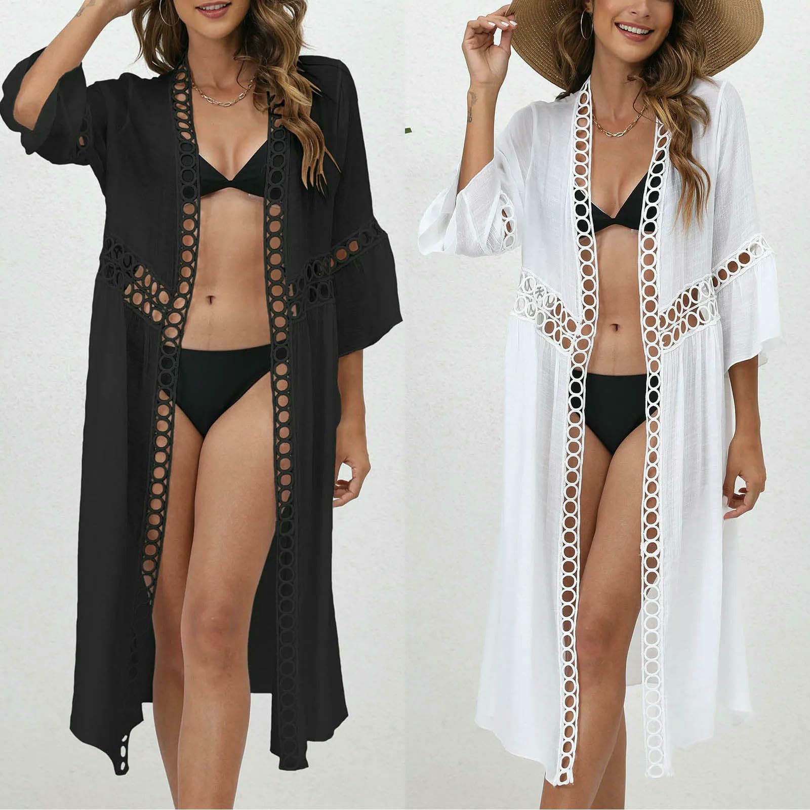 Damska narzuta plażowa w stylu seaside Resort bluzka plażowa luźna 3 4 rękawy koronkowe rozcięcie, ochrona przed słońcem, tunika kaftan, długa, pareo, bikini, czarna, XL