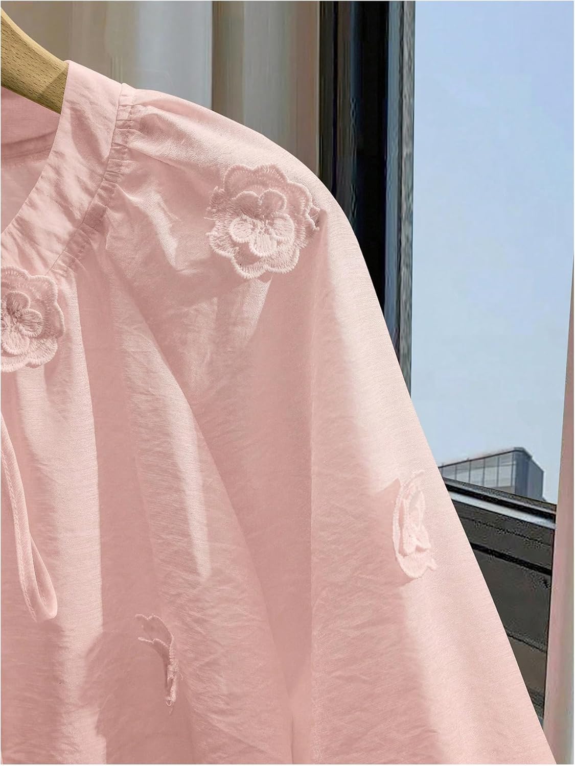 GORGLITTER Women's Boho Peasant Blouses Floral Embroidered Tops Summer Sheer Tie Front Flowy Long Sleeve Button Up Shirts - Image 5