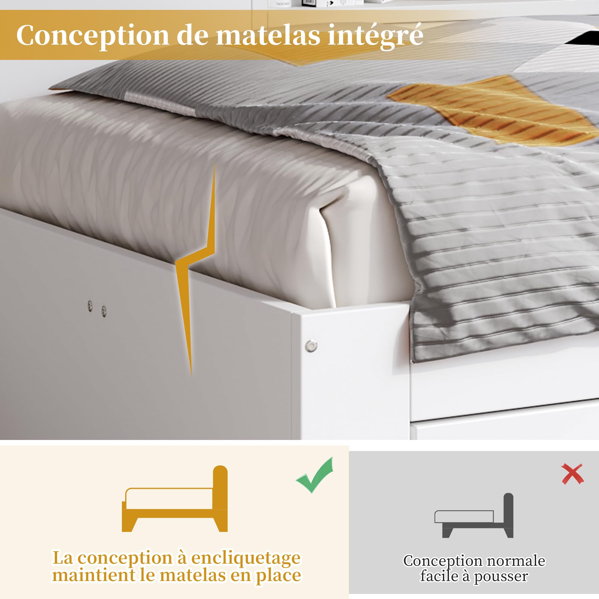 Zepneiy - Cama de 140 x 190 con cajones y estante, cama doble 140 x 190 con armario de almacenamiento, caja fuerte con espacio de almacenamiento, marco blanco (sin colchón)