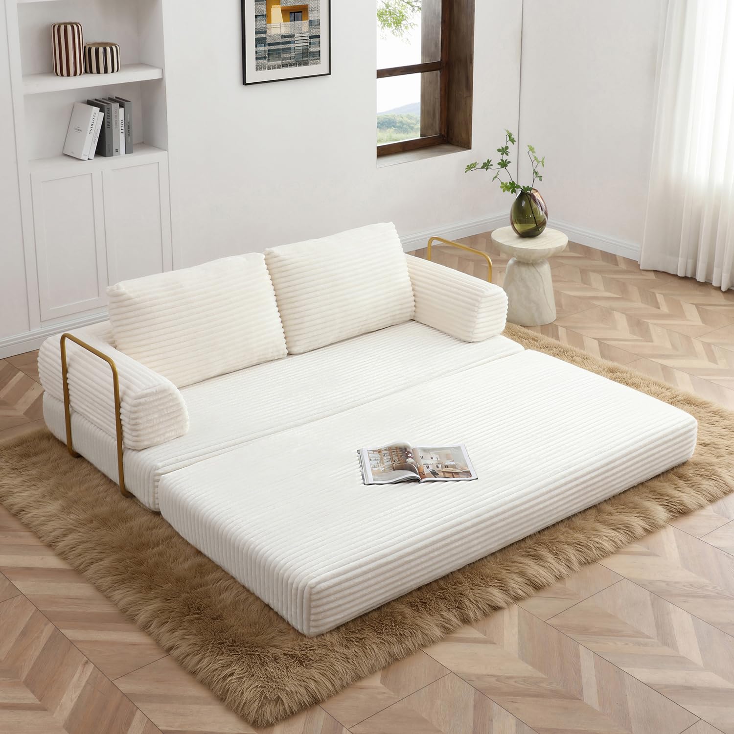 ivoros 80” Convertible Sleeper Sofa Bed, High Back Plush Corduroy Boneless Futon Loveseat with Pull Out Bed, Fixed-Shape Folding Floor Mattress Couch, No Assembly Required (Beige)