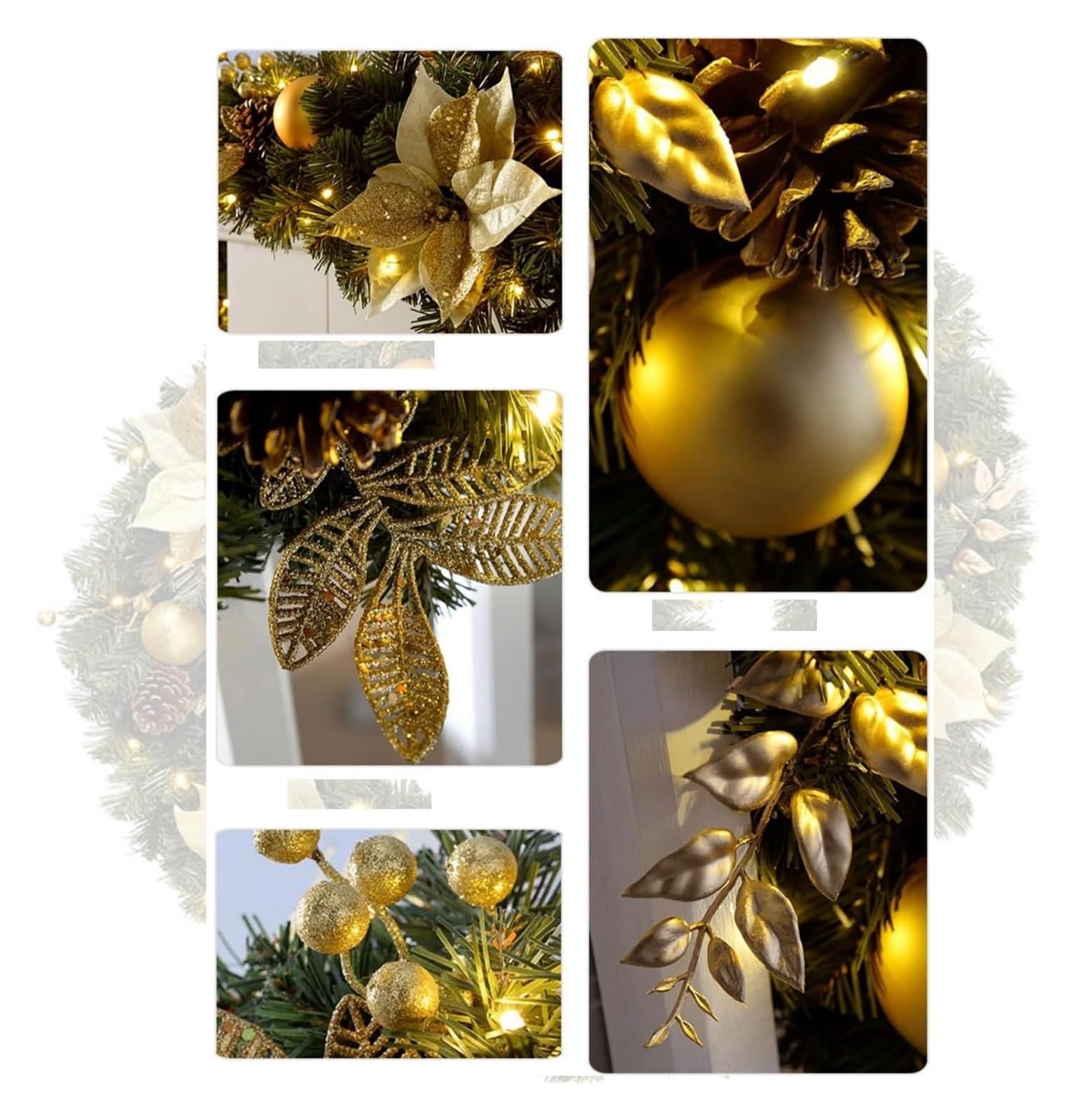 Guirnalda navideña, Guirnalda de Manto preiluminada 9 pies con piñas, Bayas, Bolas y Decoraciones Florales(Gold)