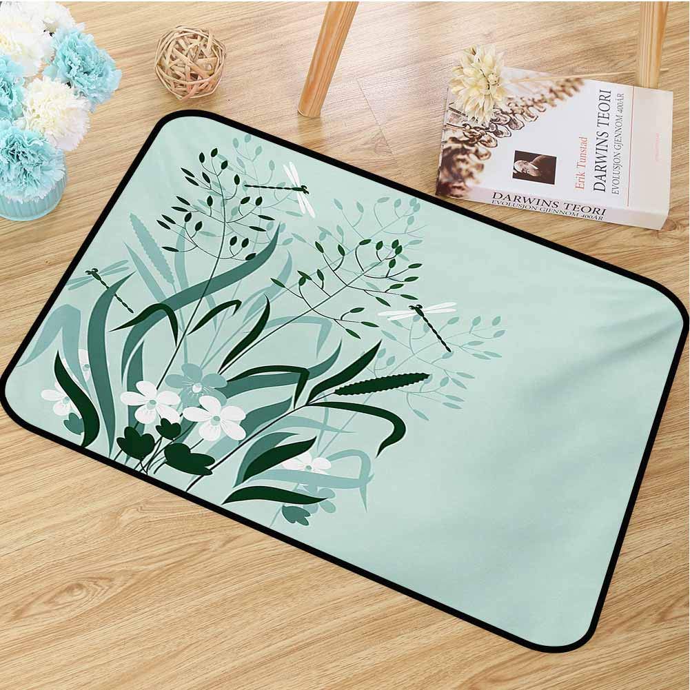 hengshu Dragonfly Commercial Grade Entrance mat Wild Grass and Dragonflies in Exquisitely Growing Lawn Herb Bush Rural Pattern for entrances garages patios W29.5 x L39.4 Inch Pale Green