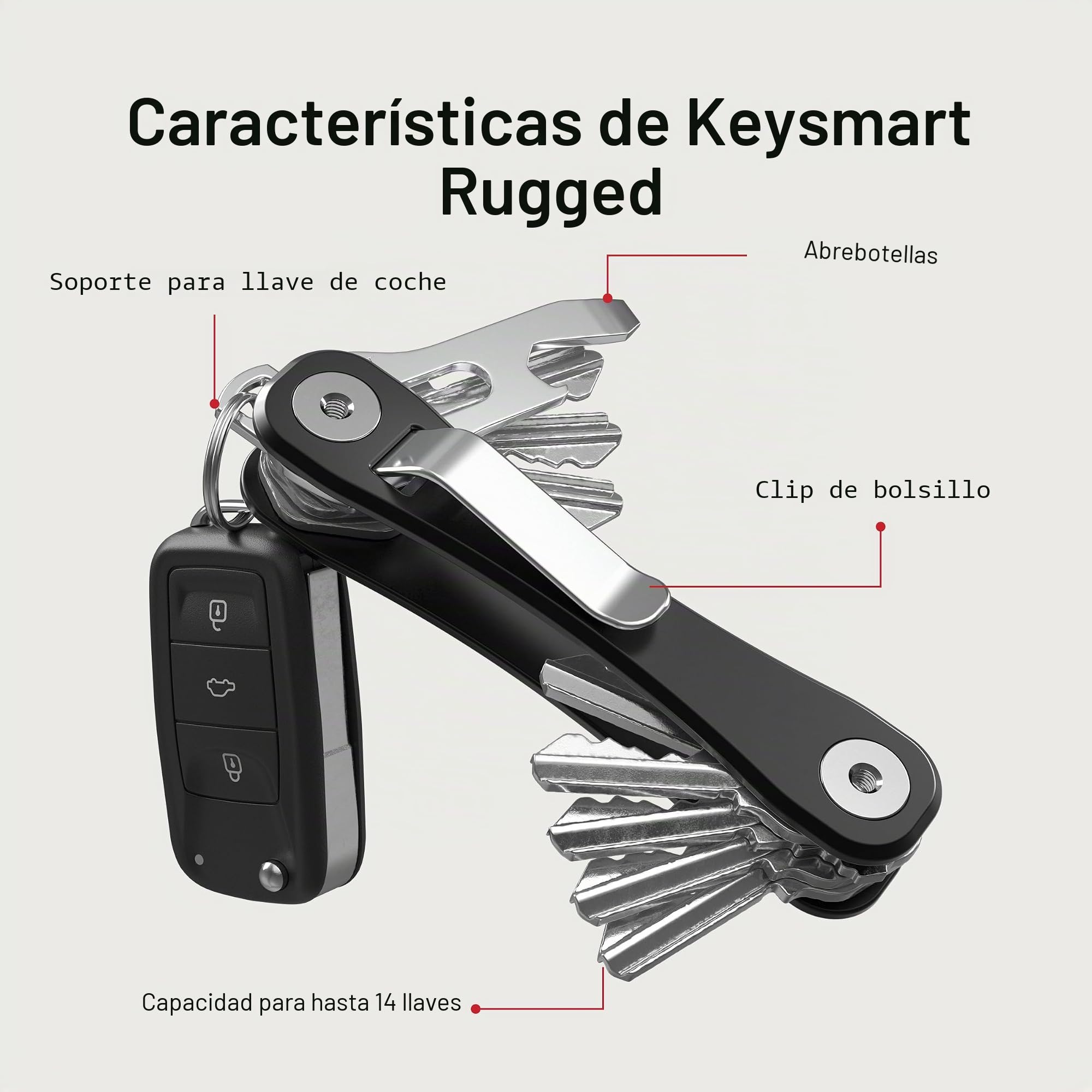 KeySmart Rugged - Llavero multiherramienta con abridor y clip de bolsillo (hasta 14 llaves)