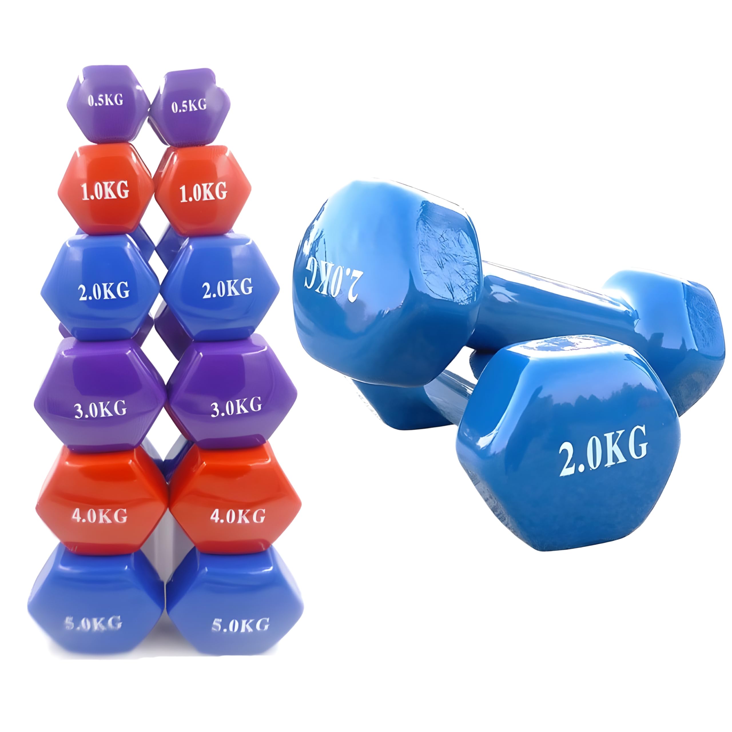 FROOBY Cast Iron Vinyl Coated Dumbbells Pair Set 0.5kg To 5kg Neoprene Hand Weights Lifting Dumbbell Training Kit Set Home Gym Strength Core Fitness, Hexagon Anti-Slip Design Grip Workouts (0.5kg x 2)