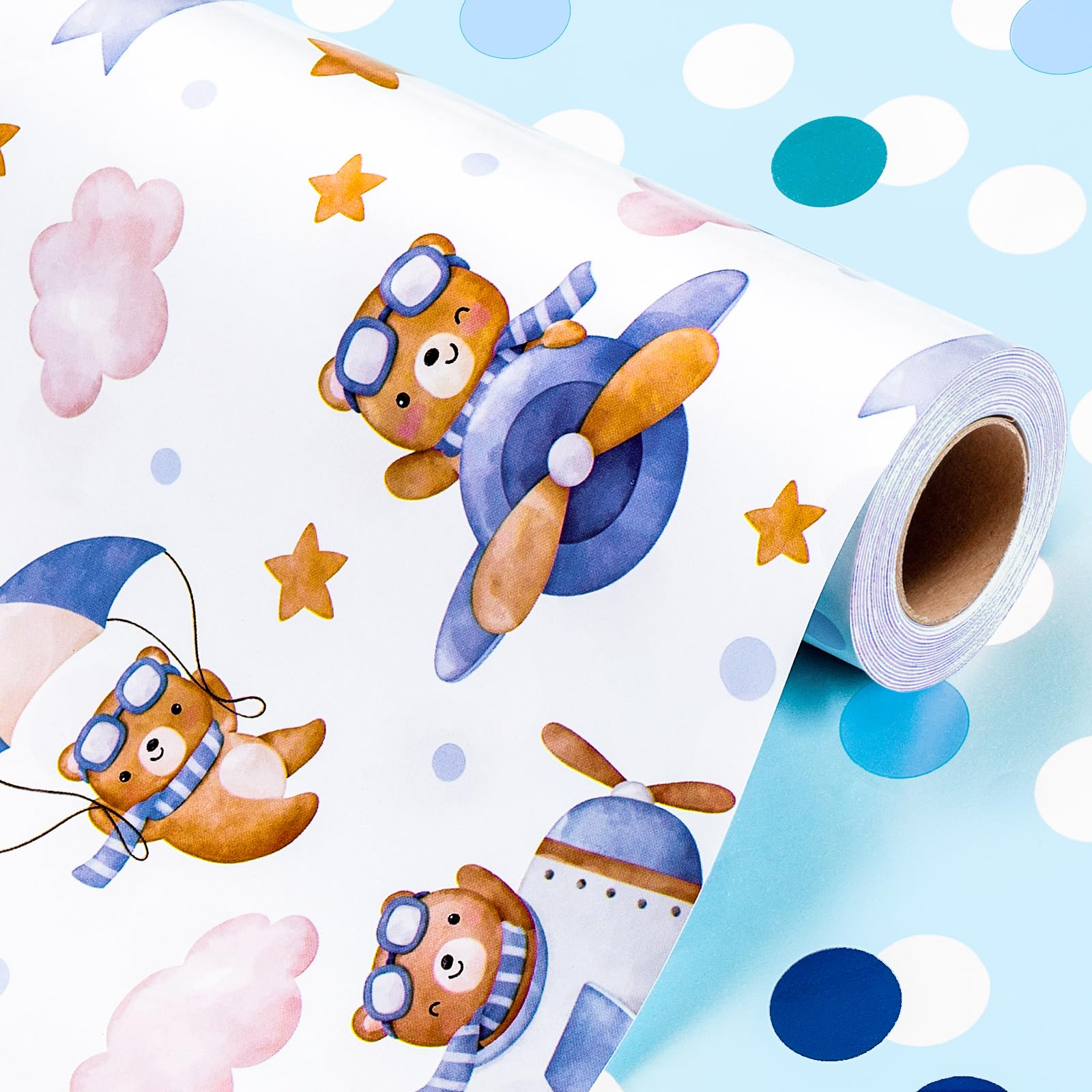 Wikadlik Cute Bear Wrapping Paper - Reversible Spacecraft and Blue Polka Dots Gift Wrap Paper for Kids, Birthday, Baby Shower, New Born - 43cm x 10m — image 1