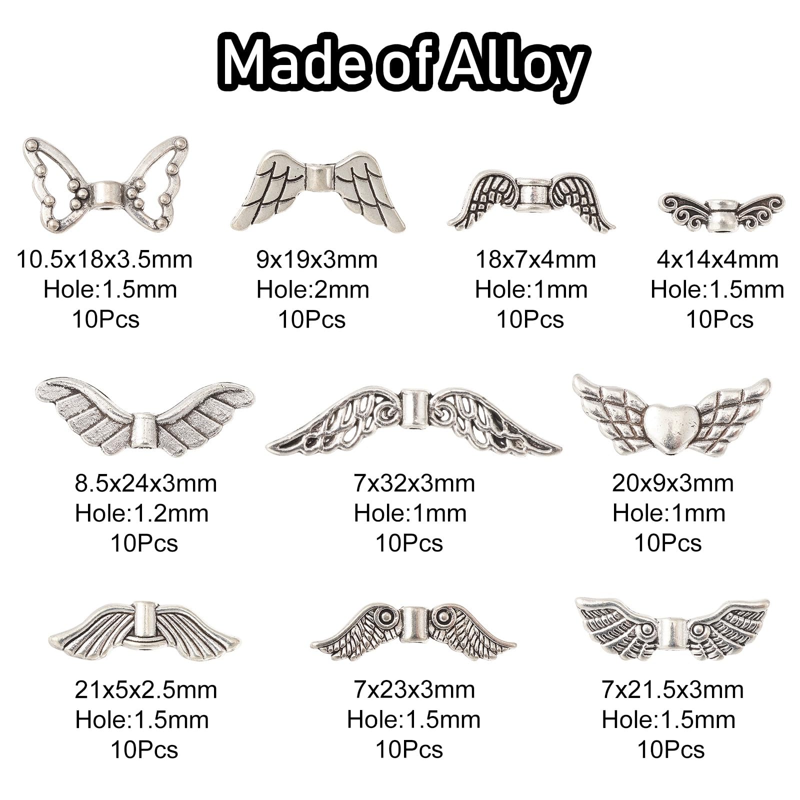 UR URLIFEHALL 100 Pcs 10 Styles Tibetan Silver Fairy Wing Spacer Beads Angel Wings Shaped Beads for Jewellery Making Hair Accessories Crafts - Image 2