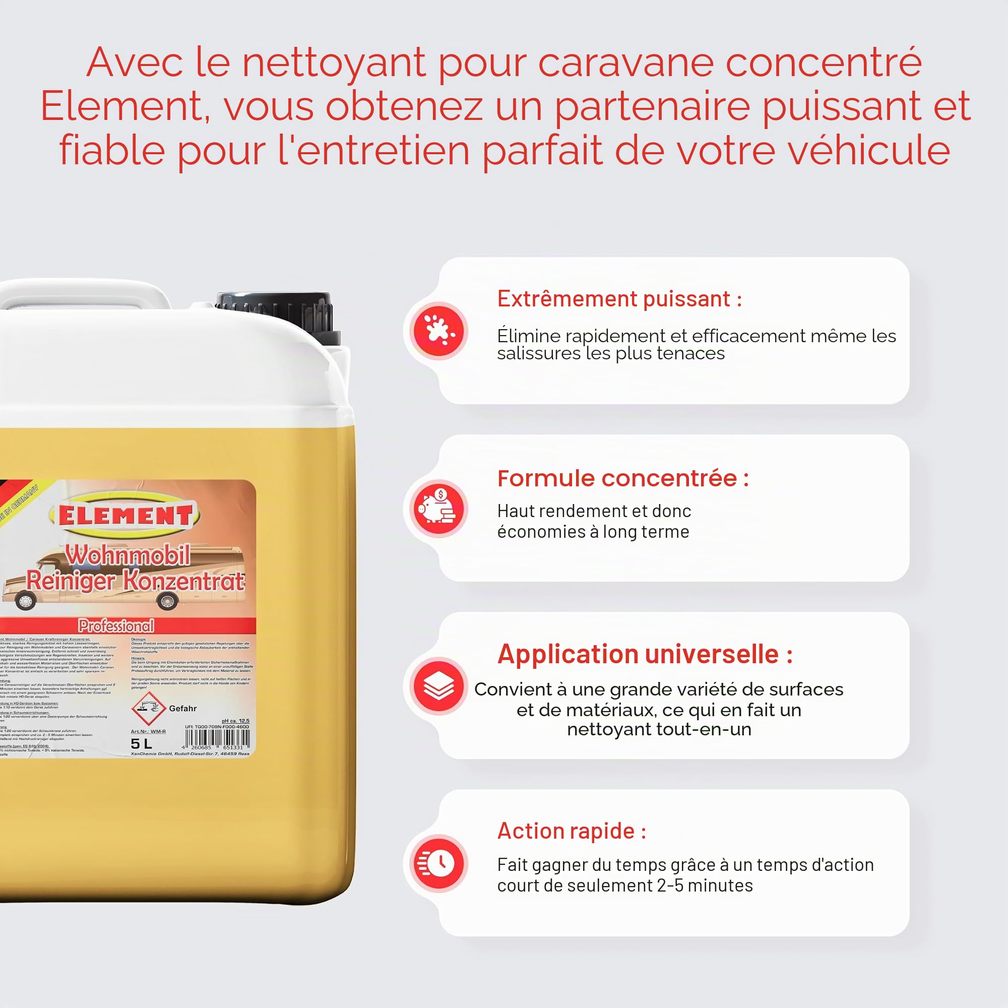 Element Nettoyant concentré pour caravane, camping-car, 5 l, pour bâches, bateaux, bus, élimine facilement les saletés les plus tenaces