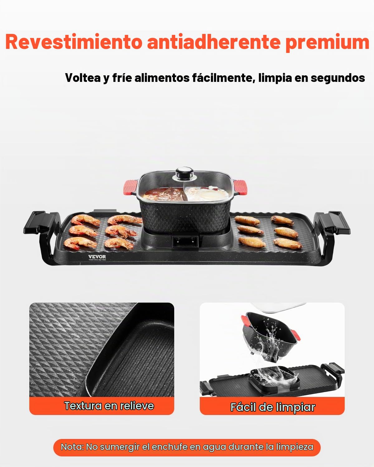 VEVOR Olla Caliente con Parrilla sin Humo 2 en 1 de 2300 W, con Sartén Antiadherente, Control de Temperatura Dual Independiente, Barbacoa Coreana de Interior para 1-6 Personas, 770 x 282 x 198 mm