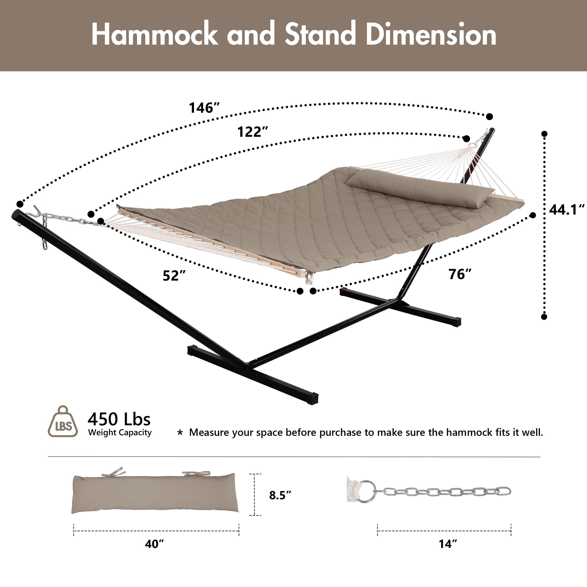 ANOW Hamaca para 2 personas con soporte de acero resistente de 12 pies, hamaca de doble cuerda con almohada desmontable y almohadilla de hamaca para exteriores e interiores, capacidad de peso de 450