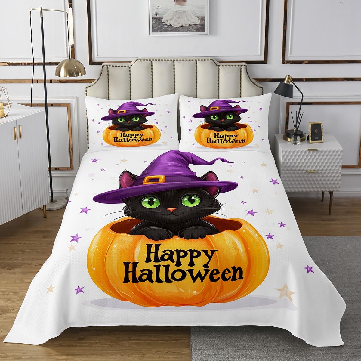 Happy Halloween Bedspread,Cartoon Cat Witch Hat Decor Bedding Set for Kids Boys Girls Teens,Orange Pumpkin Purple Stars Print Coverlet Set with 2 Pillowcases,King Size 3 Pcs