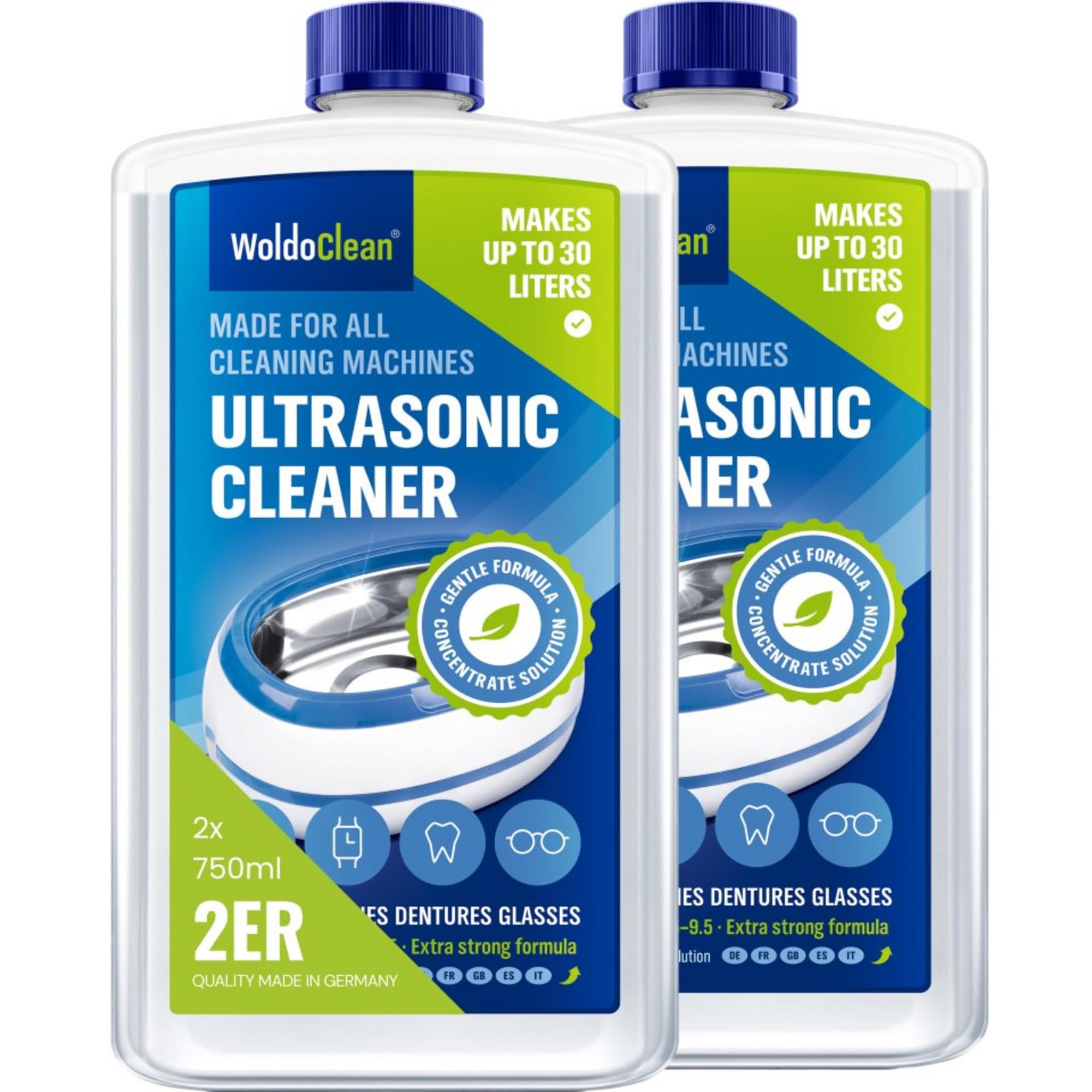 Detergente a ultrasuoni concentrato 2x 750ml per occhiali e gioielli - sufficienti per 60 litri di soluzione detergente