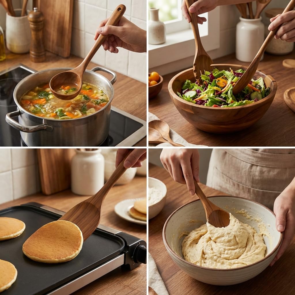 Shalinindia 6-teiliges Holzutensilien-Set zum Kochen – langlebige Löffel aus Akazienholz, Pfannenwender und Schöpfkelle für antihaftbeschichtete Pfannen und Kochgeschirr – ergonomischer Komfortgriff