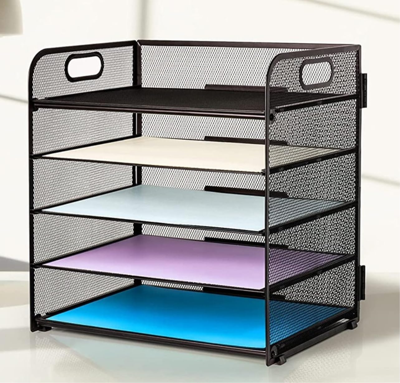 Porta Oggetti da Scrivania Organizzatore Da Scrivania In Rete Organizzatore Di File Da Tavolo Con Selezionatore Di Scaffali A 5 Livelli Con Maniglie Laterali Organizzatore Scrivania(Black)
