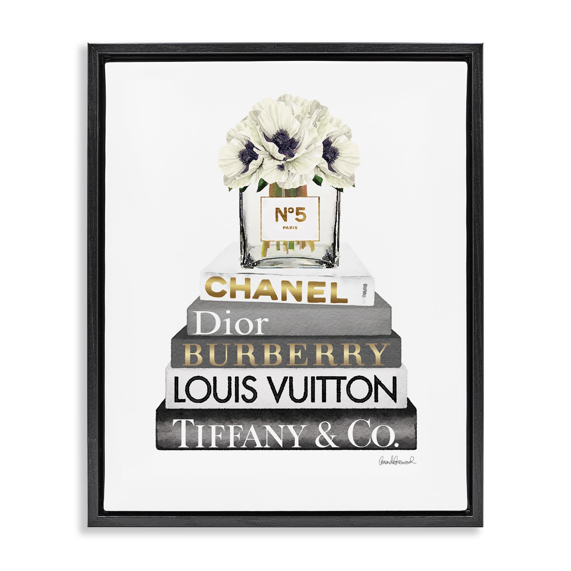 'White Poppies Grey Fashion Books'| Floating Frame Canvas Art