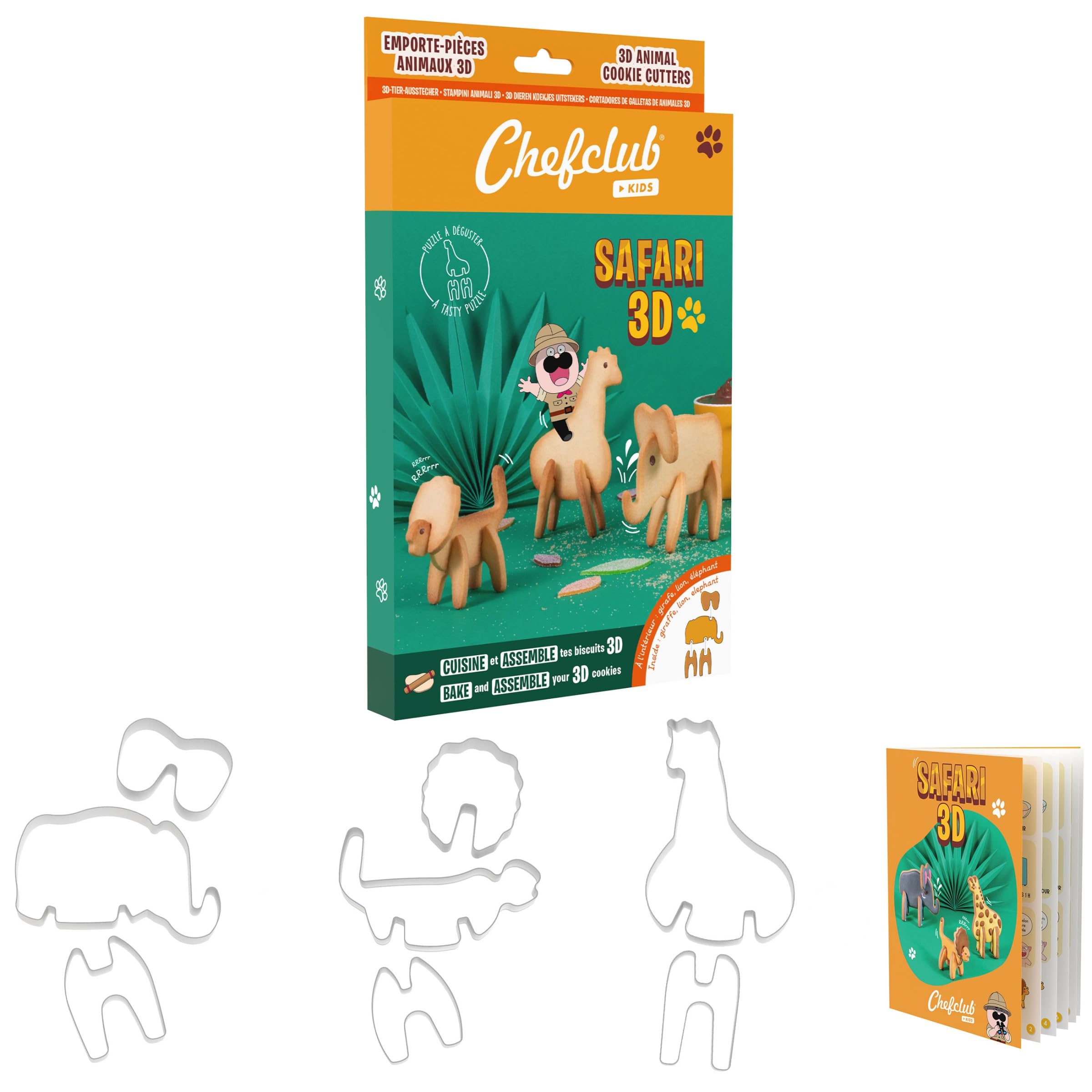 Chefclub Kids - 3D Safari Cookie Cutters - Lion, Elephant, Giraffe, Silver