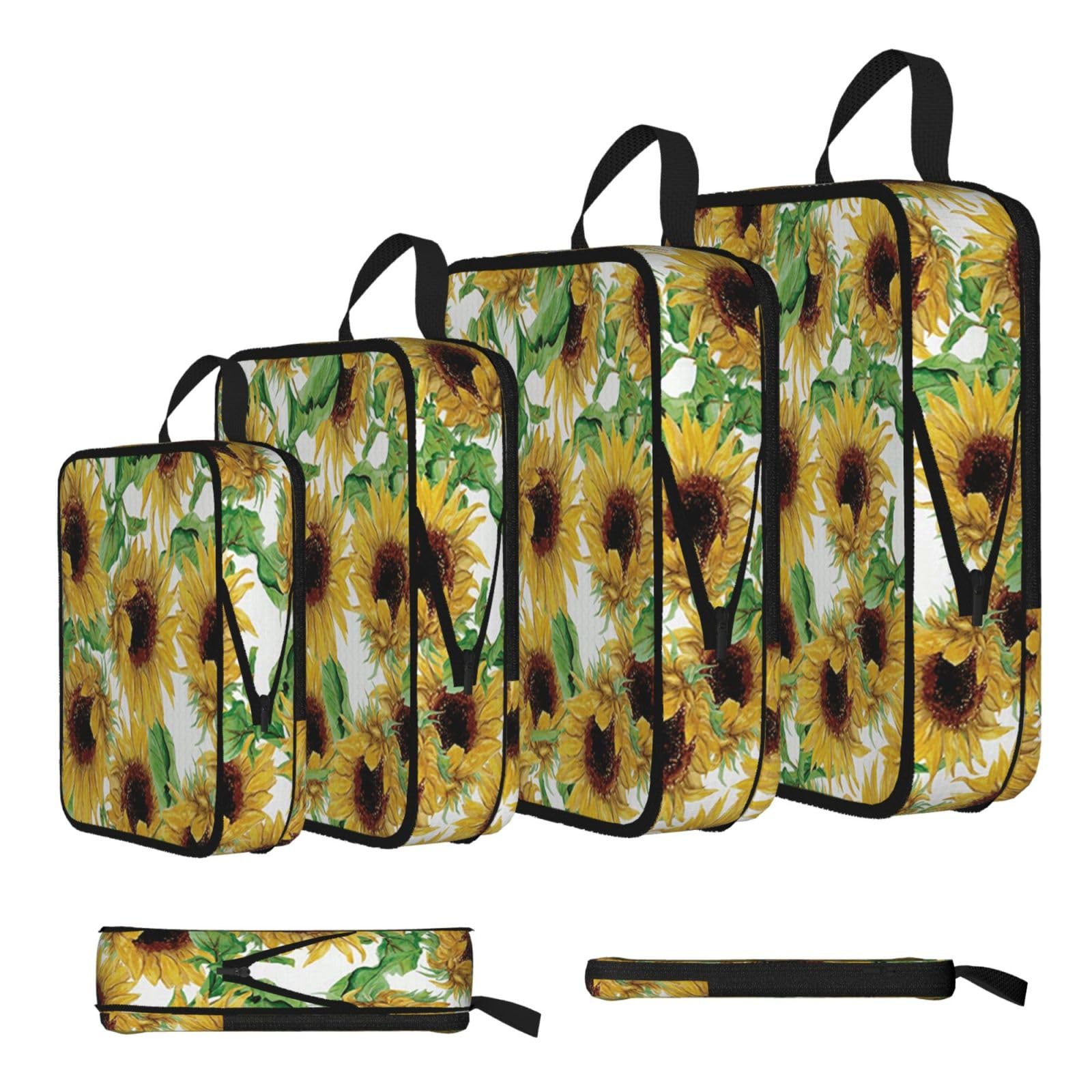 Sunflower Print Compression Packing Cubes 4-Piece Set With Multi- Compartment Travel Bag, Waterproof Suitcase Organiser Bags