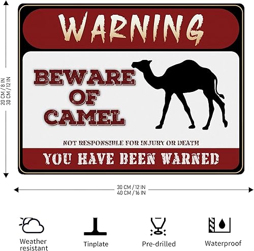 Miniatura 2 de BAIWIFE Letrero con texto en inglés Beware of Camel de 8 x 12 pulgadas, letreros de advertencia de metal para mascotas y ranchos, para el hogar,