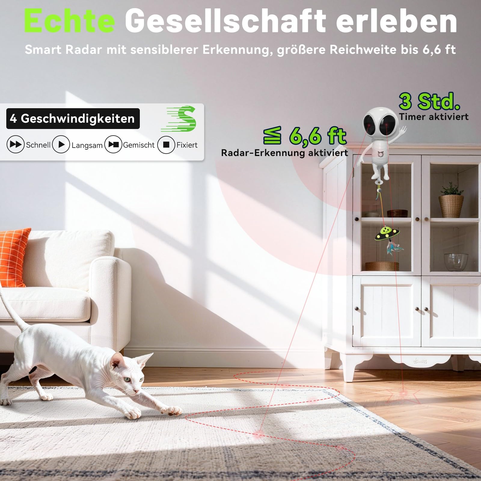 GoldenSun Interaktives Katzenspielzeug, 2-in-1 Automatisch mit Dual-Projektion & Katzenminze-UFO-Anhänger für Wohnungskatzen, Bewegungsaktiviert, Wiederaufladbar, 4 Spielmodi, Klemmbefestigung, Weiß