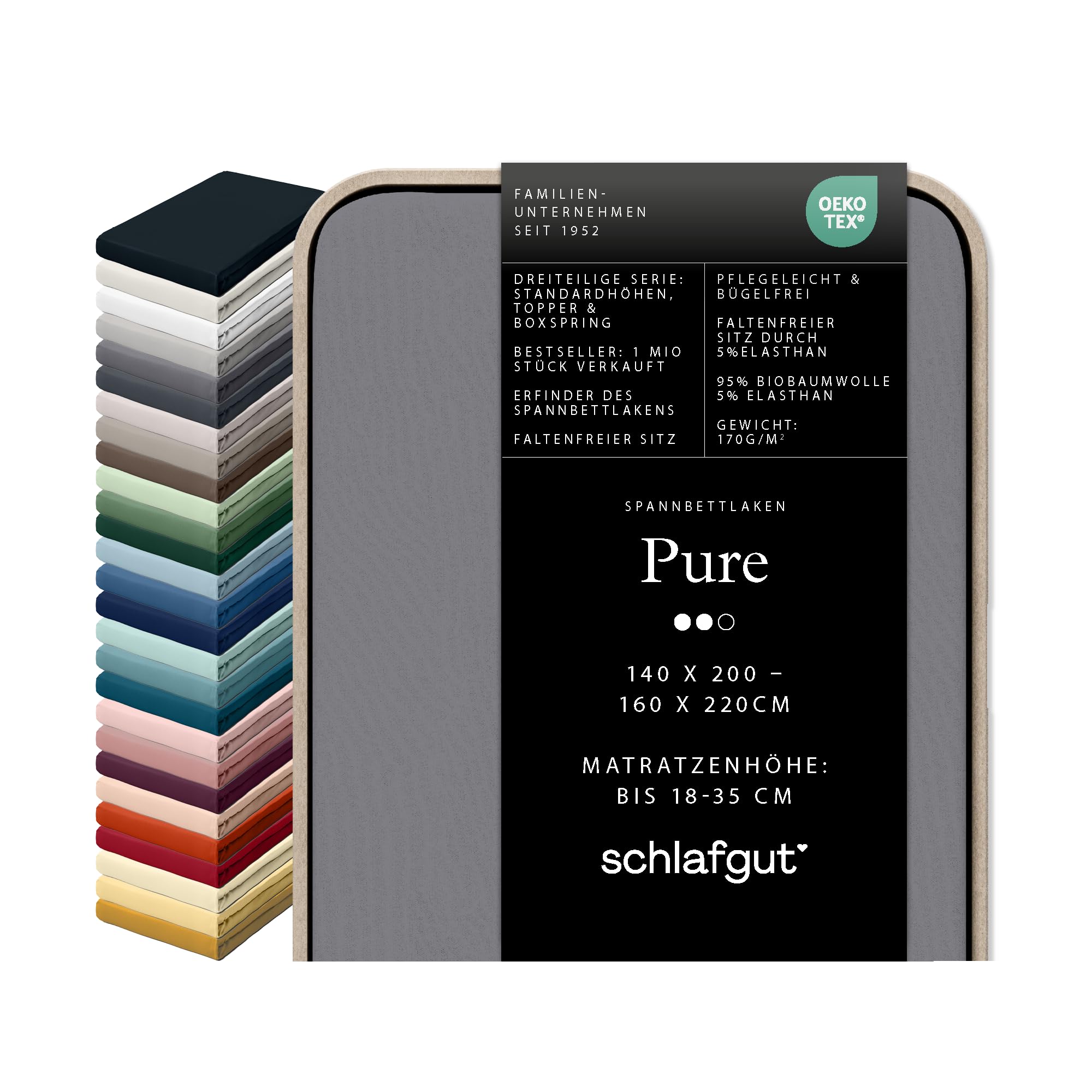 schlafgut Pure Spannbettlaken 95% Bio Baumwolle & 5% Elasthan Made in Green by Oeko TEX (140x200cm bis 160x220cm Matratzenhöhe von 18 bis 35 cm, Grey Mid)