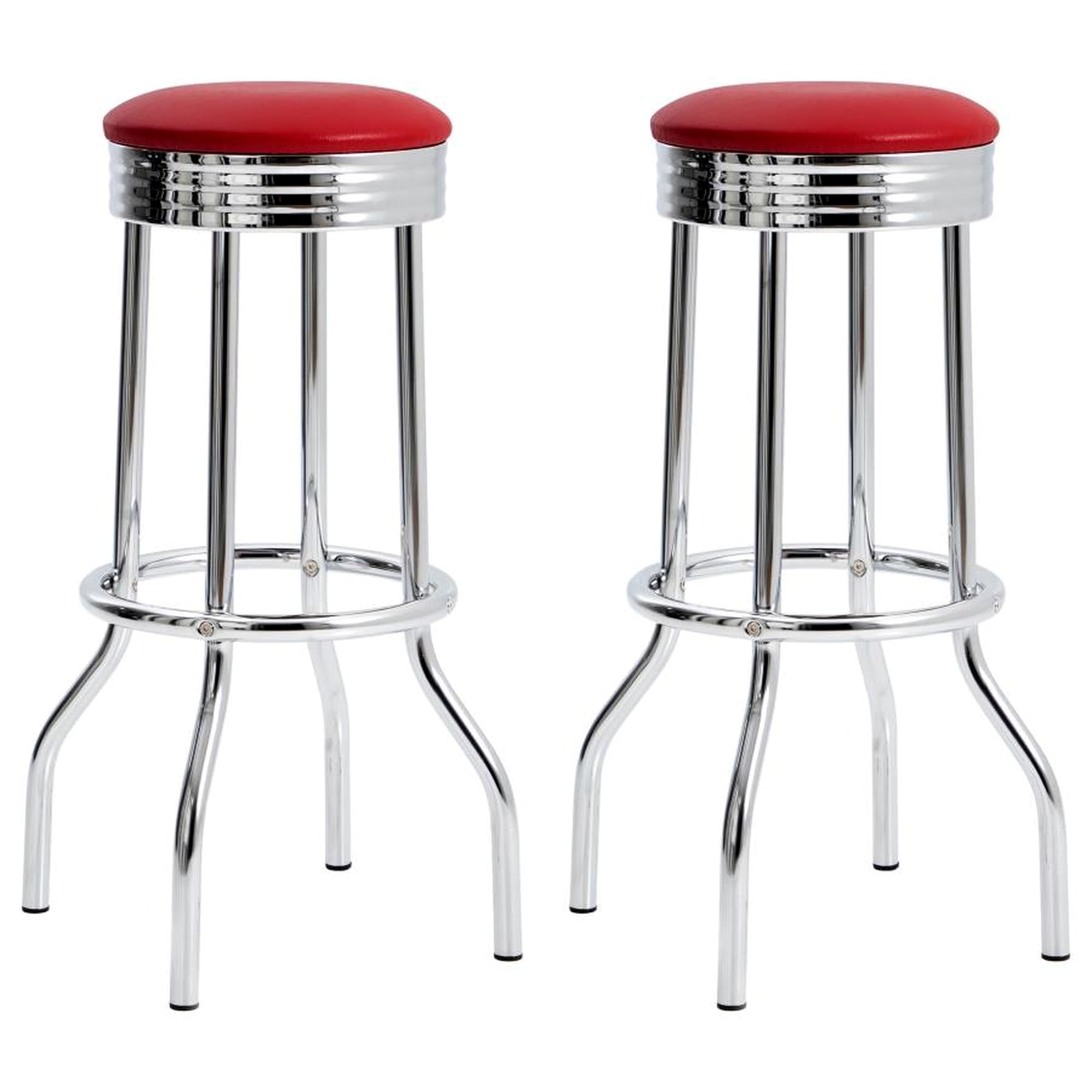 CARTESIAN Retro Chrome Bar Stools, Red Vinyl Upholstered, 30 Inch Counter Height, Set of 2