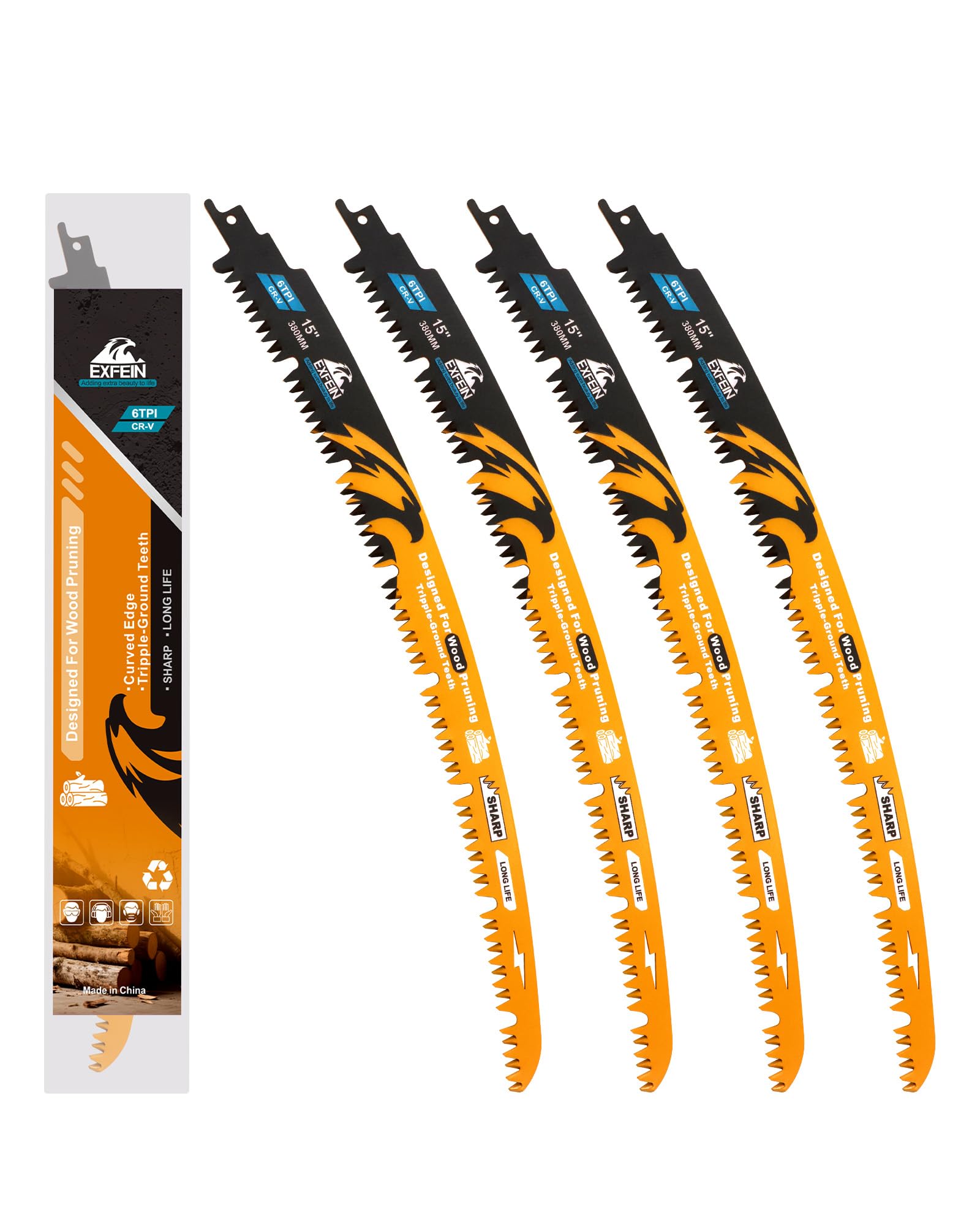 EXFEIN Japanese Teeth Reciprocating Saw Blades 300mm, Arc Edge Wood Pruning Saw Blades 6TPI for Tree Trimming, Wood Cutting, 4 Pieces