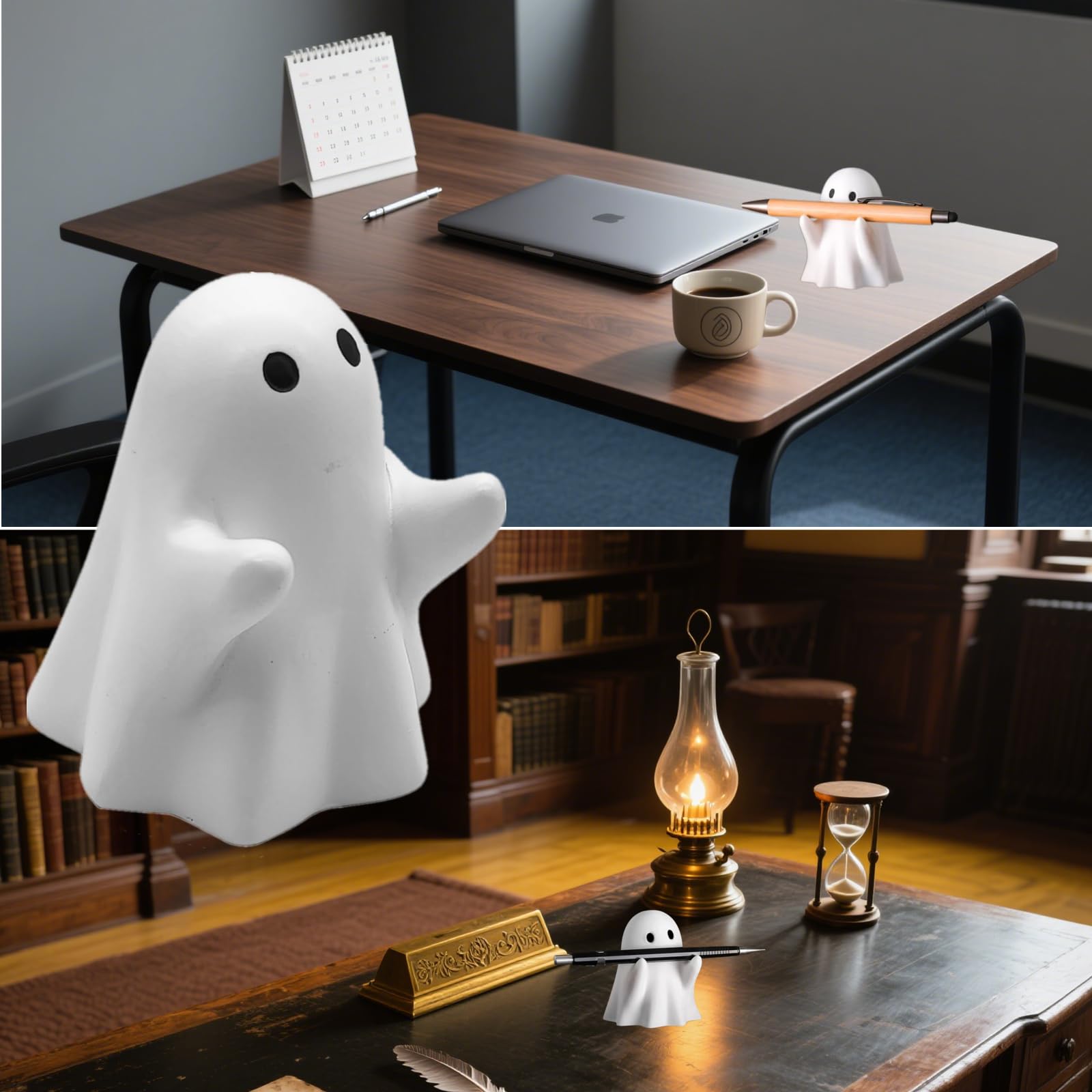 Majhoxka 1 Pcs Funny Ghost Pen Holder Cute Pen Holder Resin Ghost Figurine Pencil Stand for Home Office Desktop Decoration, White