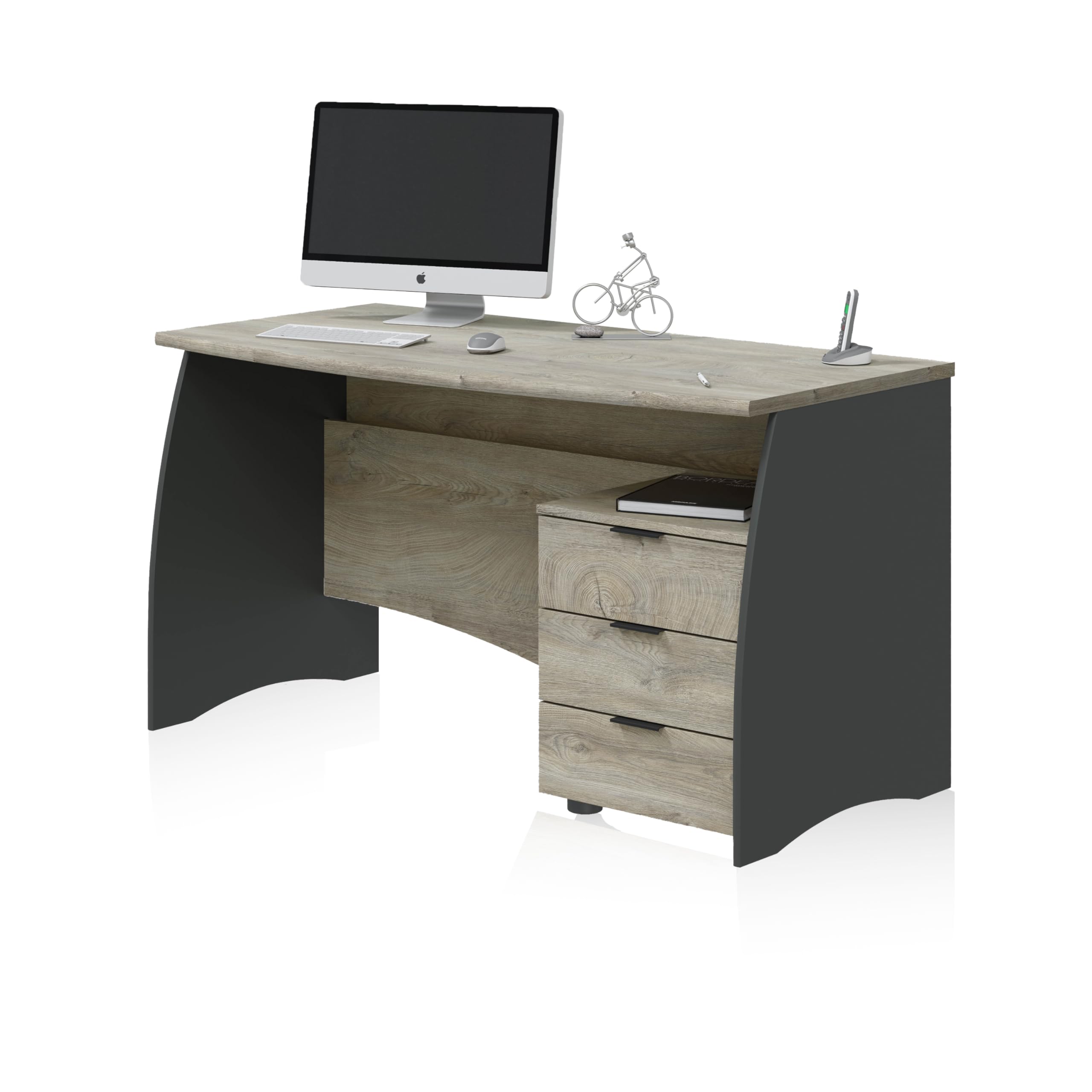 duehome | Mesa de Despacho con 3 Cajones, Mesa de Oficina o Estudio, Modelo Elan, Acabado en Gris Antracita y Roble Alaska, Medidas: 136 cm (Ancho) x 67 cm (Fondo) x 74 cm (Alto)