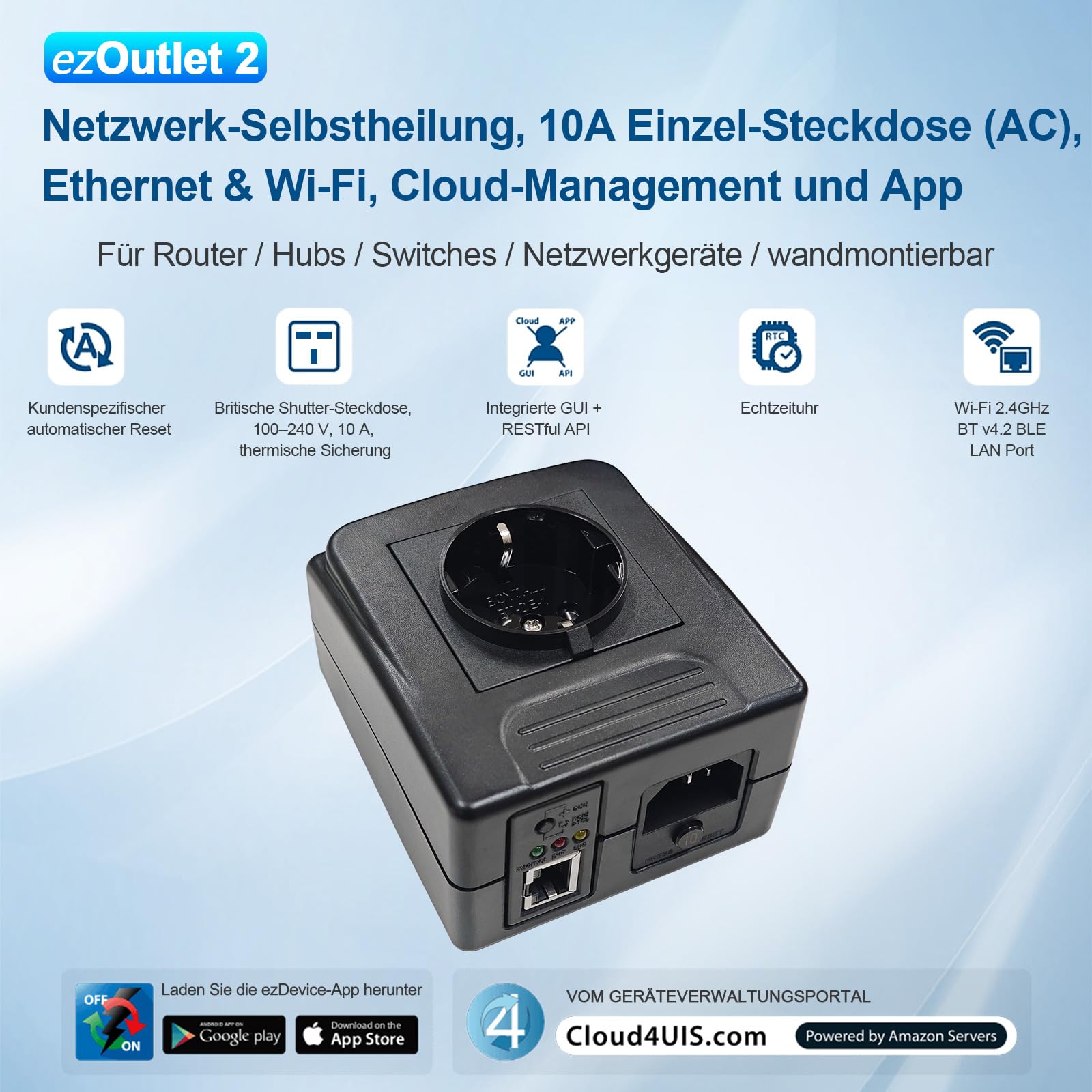 ezOutlet2 IP-fähige Ferneinschaltung, automatischer Neustart per Ping, einzelne Steckdose, 10A Sicherung, WLAN & LAN, Cloud & APP.