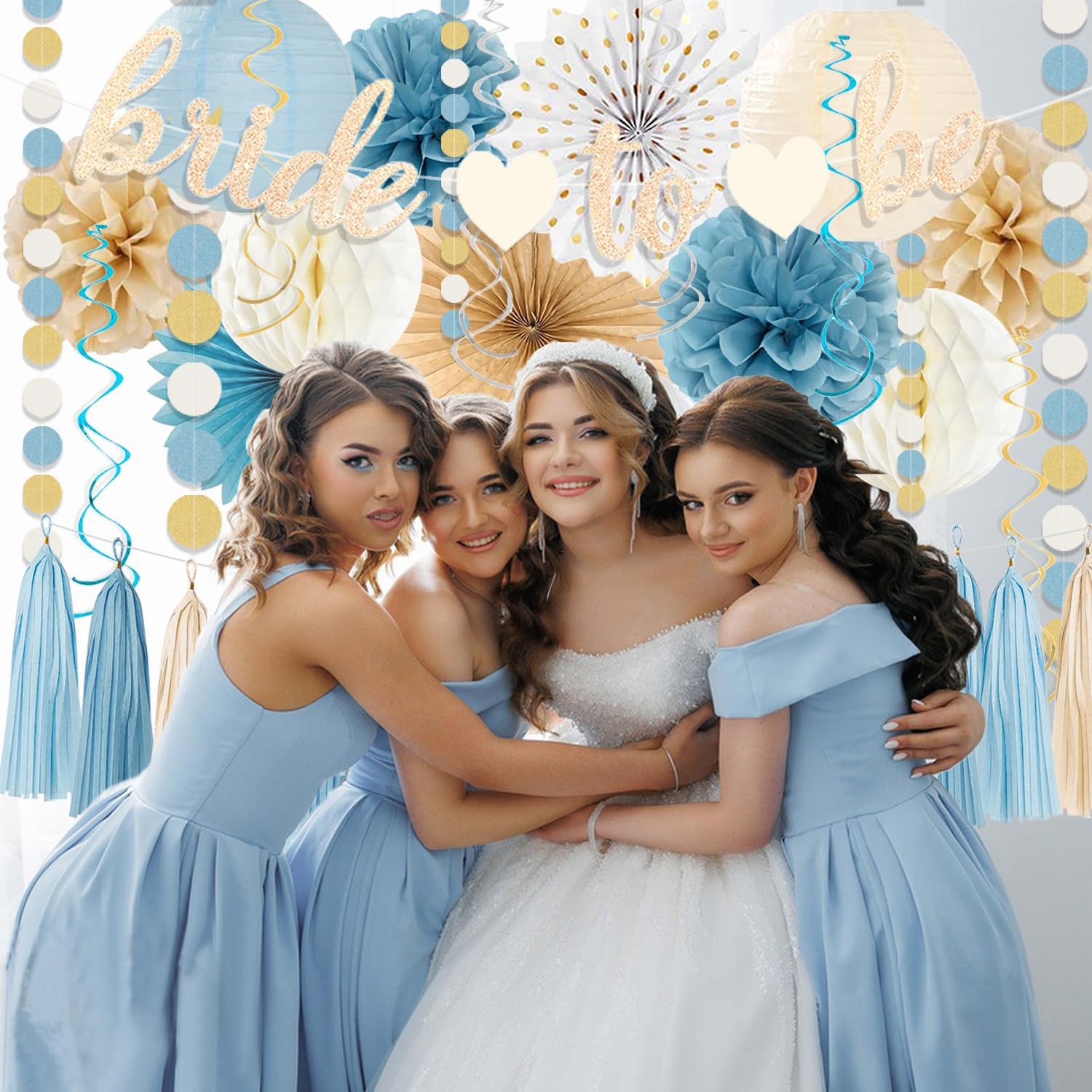 Champagne-Dusty Blue Beige Boho Bachelorette Party Decorations- Bride To Be Banner, Bridal Shower Paper Lanterns, Streamers, Tissue Pom Poms, Blue Beige Boho Paper Tassel, Rustic Backdrop Decor - Image 6