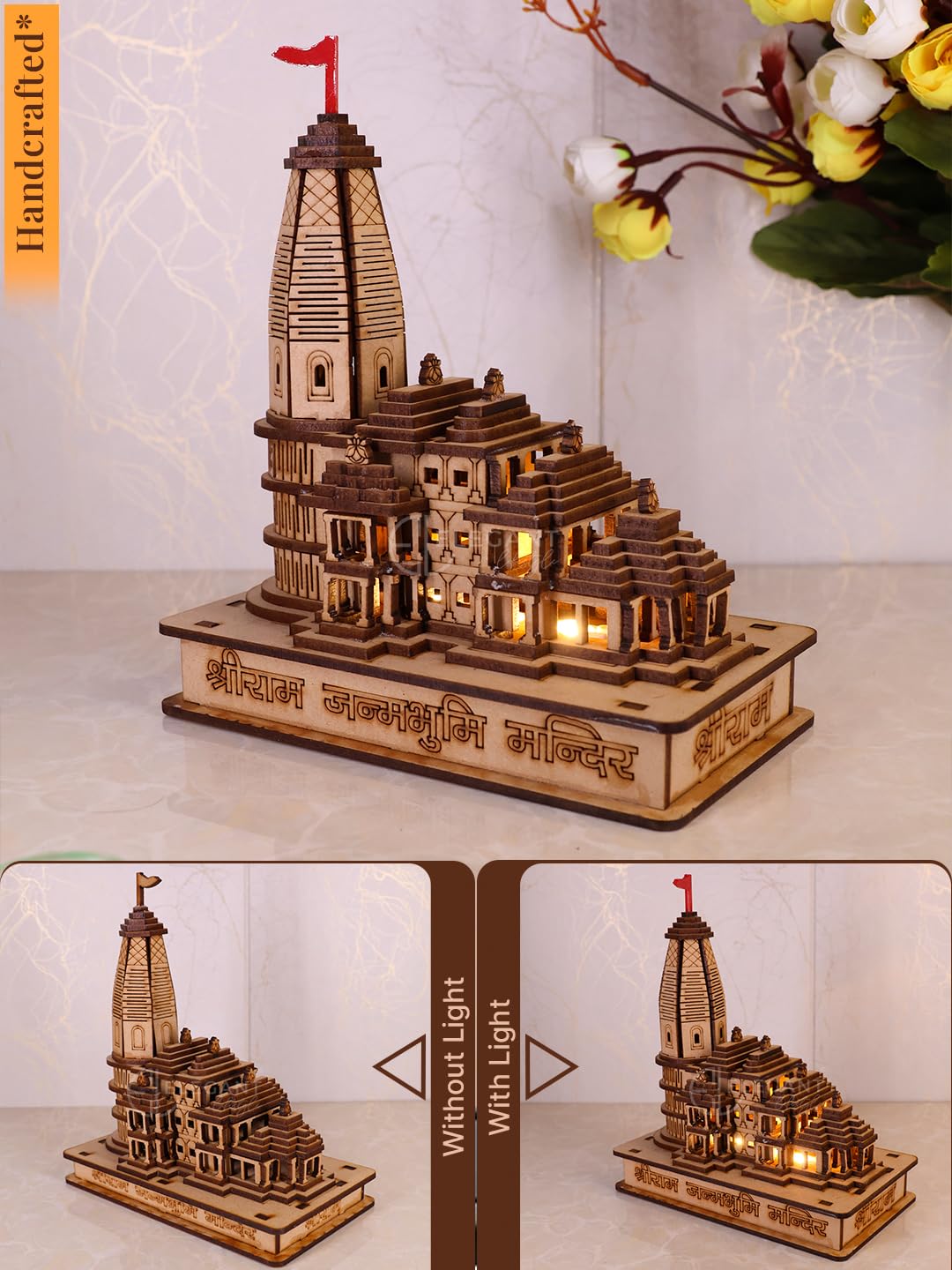 ELEGANT LIFESTYLE Shri Ram Mandir with Light, Ram Janmabhoomi Ayodhya Temple, Architectural Model for Ram Bhakts | Religious Decorative Items for Home, Office (Wood, Brown, Gold) 16 cm 8 71RzD3StKcL. SL1440