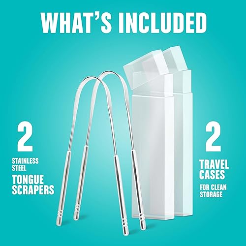 Miniatura 3 de BASIC CONCEPTS Raspador de lengua con estuches paquete de 2 reduce el mal aliento limpiadores de lengua de acero inoxidable raspadores de metal para