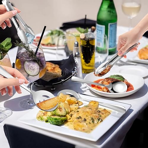 Miniatura 6 de Juego de 12 utensilios de acero inoxidable para servir, cucharas grandes para servir, cucharas ranuradas, pinzas para servir, pinzas de aperitivo,