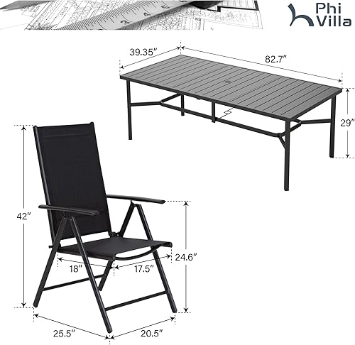 Miniatura 9 de PHI VILLA Juego de comedor de patio de 9 piezas, muebles de patio al aire libre con sillas plegables portátiles ajustables (negro) y mesa de comedor