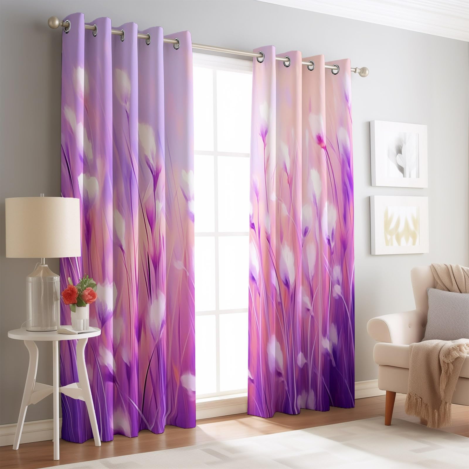 Lavande Rideau Occultant Botanique - Anti Froid & Thermique Durable Rideaux à Oeillets Motif Rêveur Floral, Intérieurs Rideaux pour Chambre Salon Chambre d'enfant 70L X 240H cm (2 Panneaux)