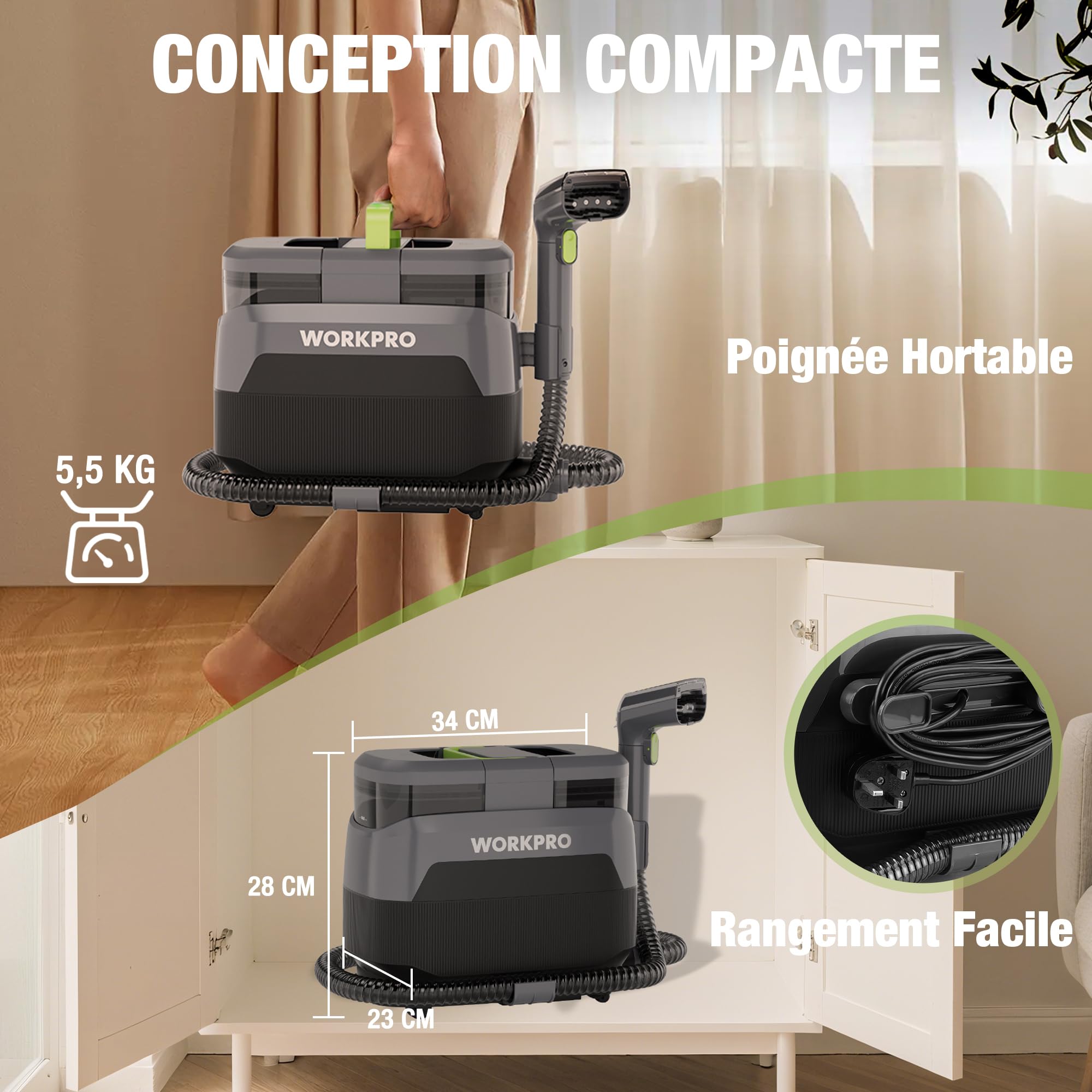 WORKPRO Shampouineuse et Nettoyeur Vapeur 4 en 1 pour Tapis et Tissus d’Ameublement avec Aspirateur Laveur 16 kPa, 4 Modes de Nettoyage, Nettoyeur Canapé Tissu, Matelas, Rideaux, Poils, Voiture