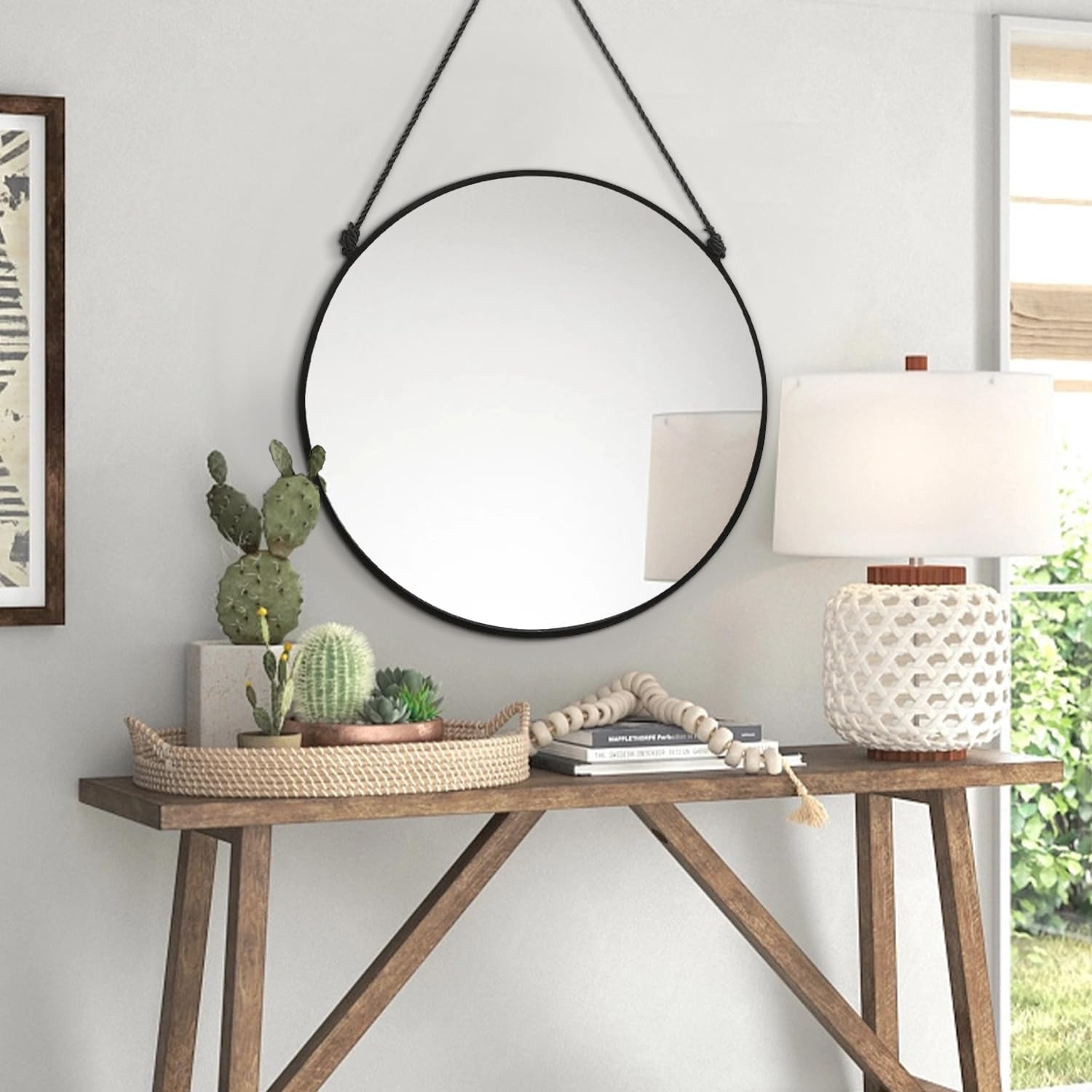 Circle Hanging Wall Mirror - Black Round Mirror, 16 Inch, Modern Home Decor for Bathroom, Living Room, Bedroom, Entryway, Hallway, Washroom, Dorm