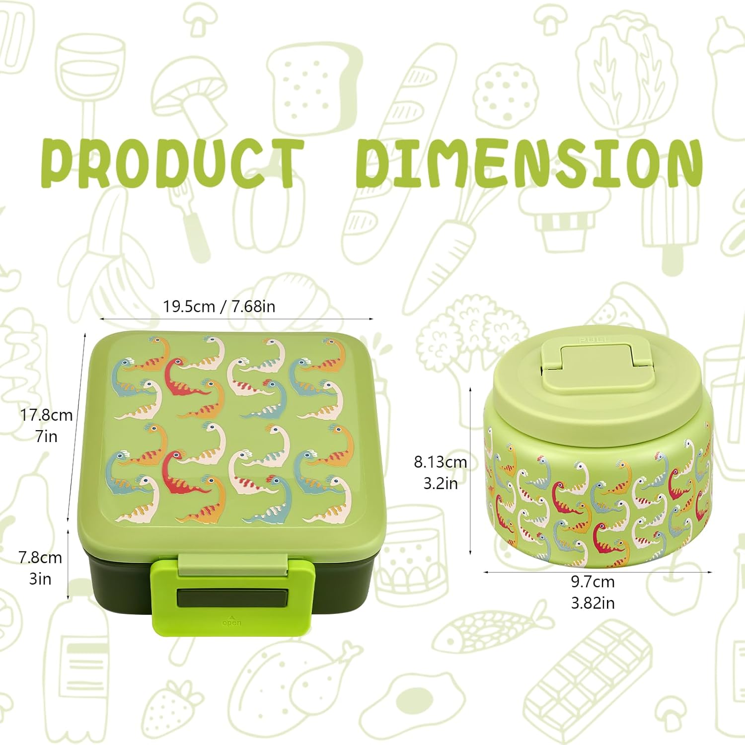 Bento Lunch Box for Kids with 8oz Soup Thermo,Leak-Proof Lunch Containers with 5 Compartment,Thermo Food Jar Food Containers for School (Green-Colorful Dinosaur)