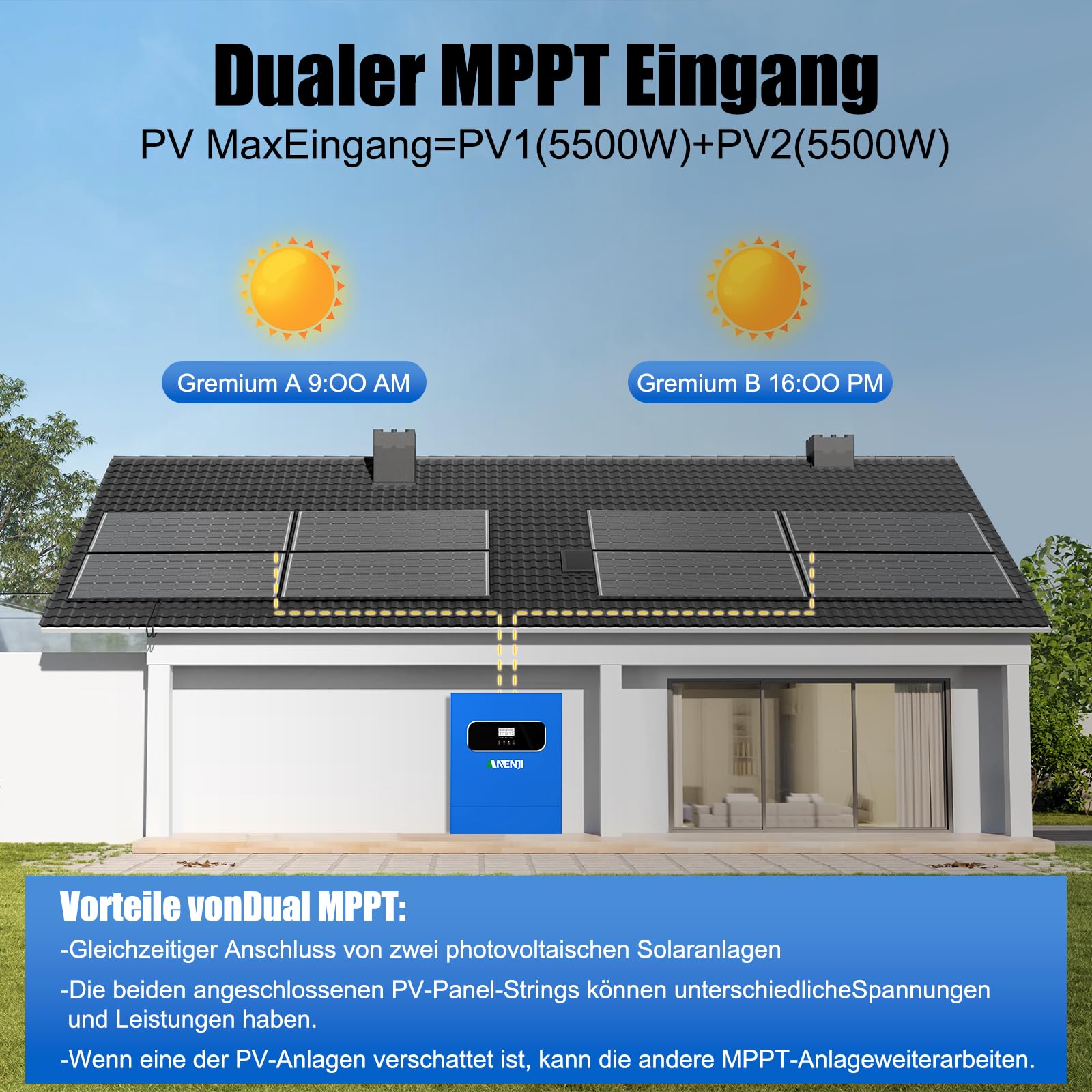 11kW Solar Hybrid wechselrichter 48VDC zu 230VAC Reiner Sinus Wechselrichter, Built-in 2 MPPT, Kann Strom in Das Netz Einspeisen Kann Ohne Batterie Verwendet Werden, Built-in WiFi-Modul