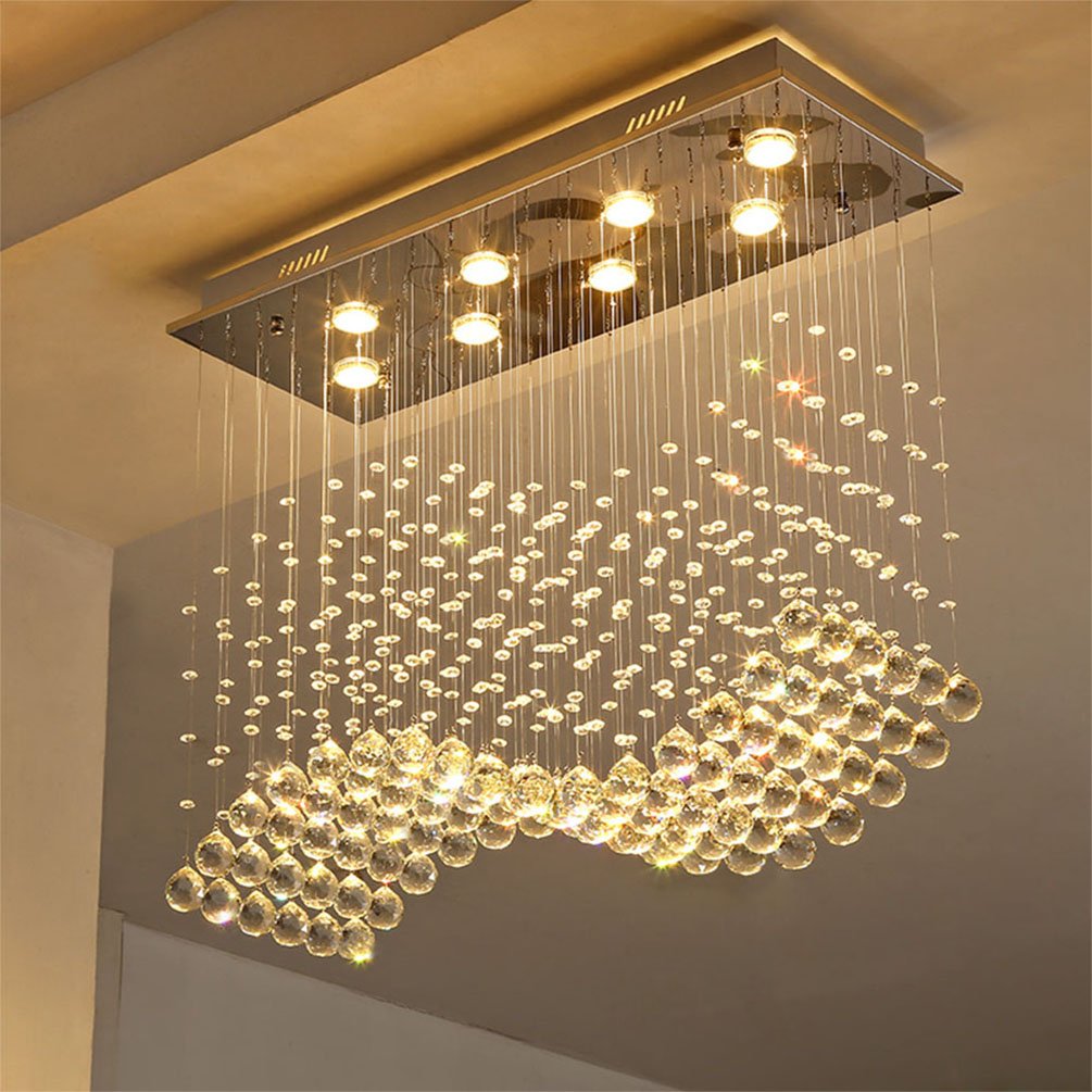 L31.5" X W11.8 X H27.5" Contemporary Crystal Rectangle Chandelier Rain Drop Crystal Ceiling Light Fixture