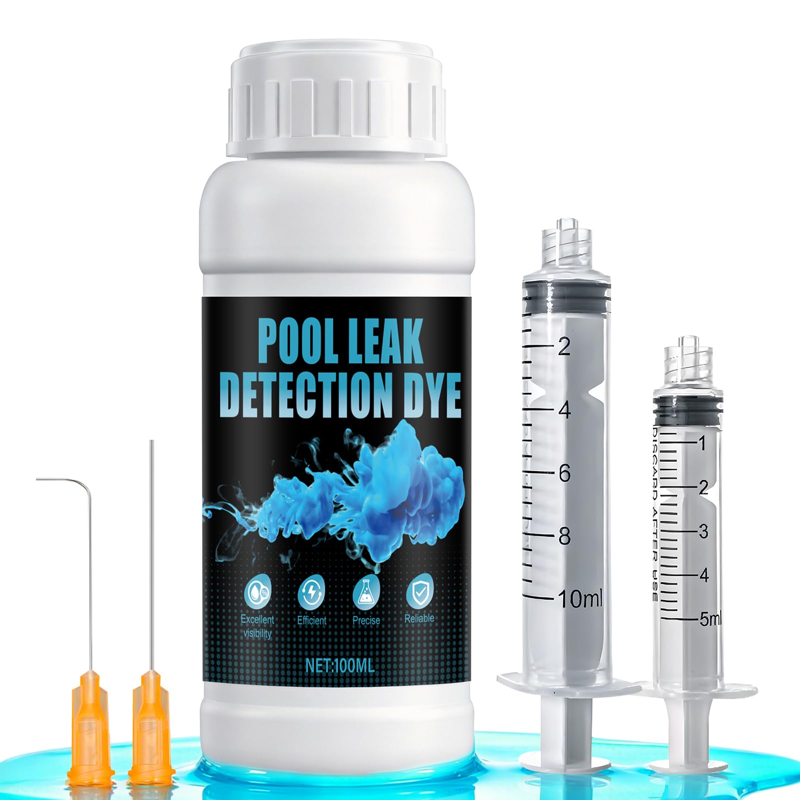 Tinta Fuga Piscina, Detector Fugas Piscina, Detección Universal de Filtraciones para Piscinas,Spas,Tuberías,Techos y Aire Acondicionado Coche,Fuerte Fluorescencia Colorante Trazador,100ml+Jeringa