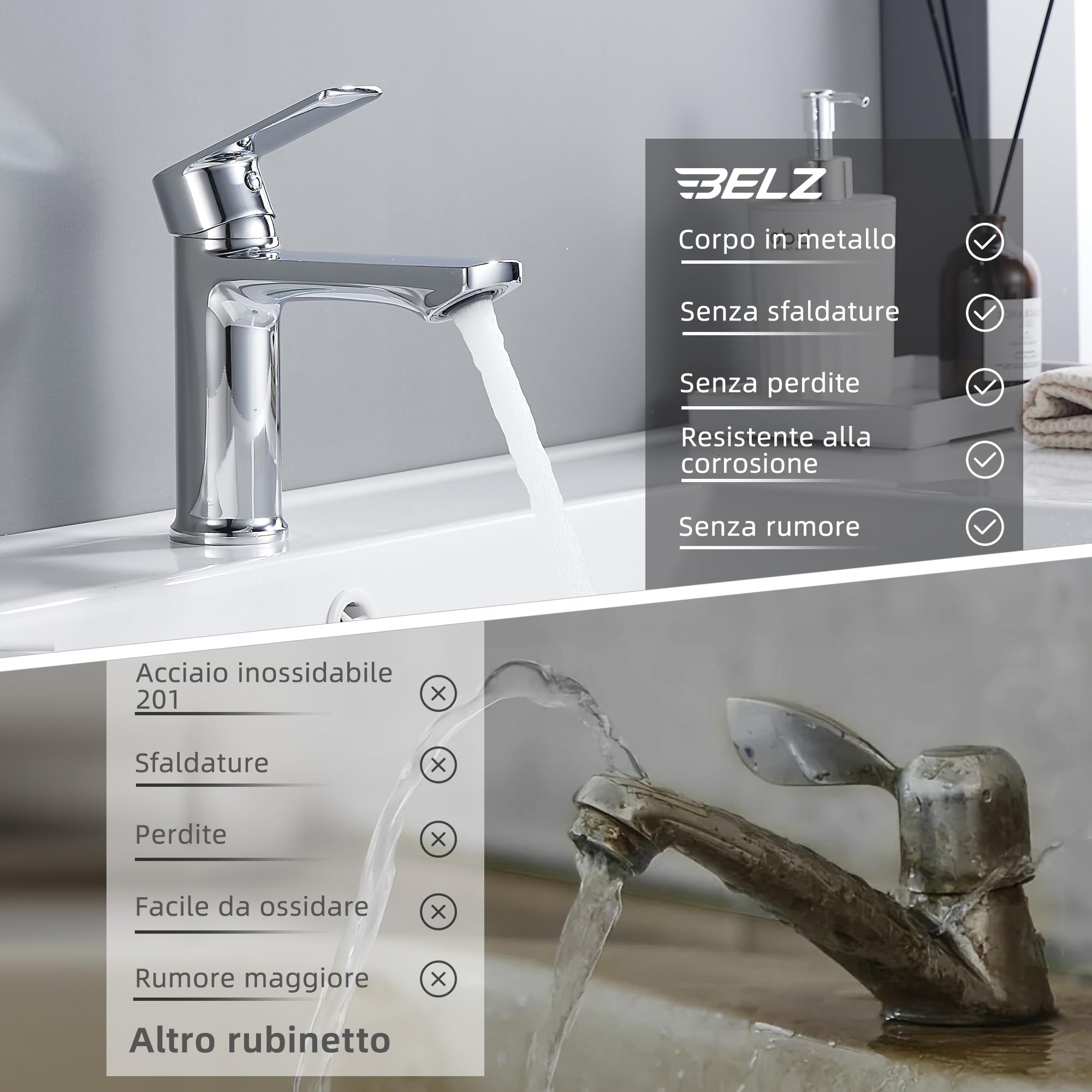 BELZ Rubinetto da bagno, miscelatore monocomando per bagno, miscelatore bagno, altezza 96 mm, risparmio energetico, cromato