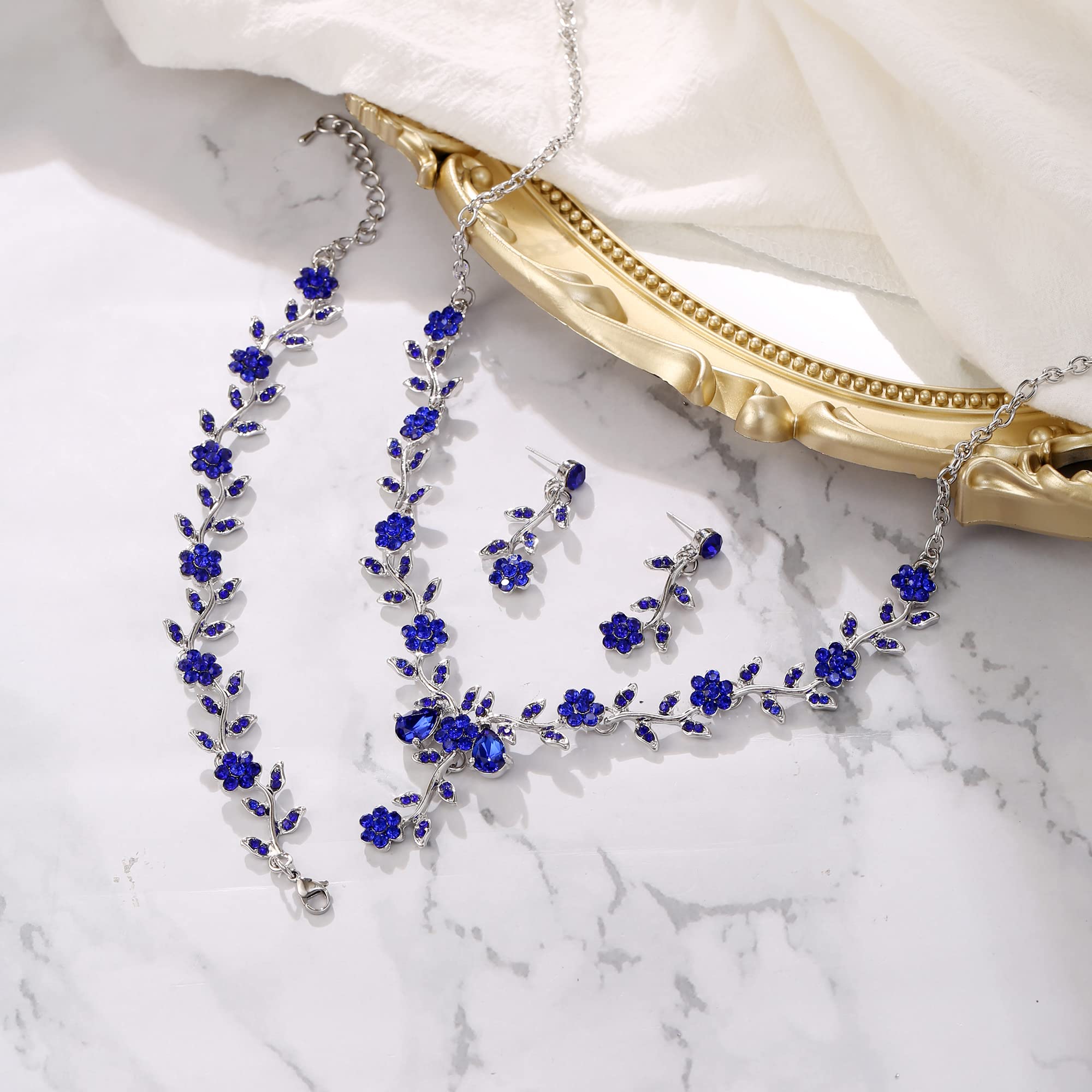 Parure Bijoux de Mariage Fête Feuille Fleur Cristal Collier Pendaison Boucles d'oreilles et Bracelet Set pour Femme Bleu Ton Noir